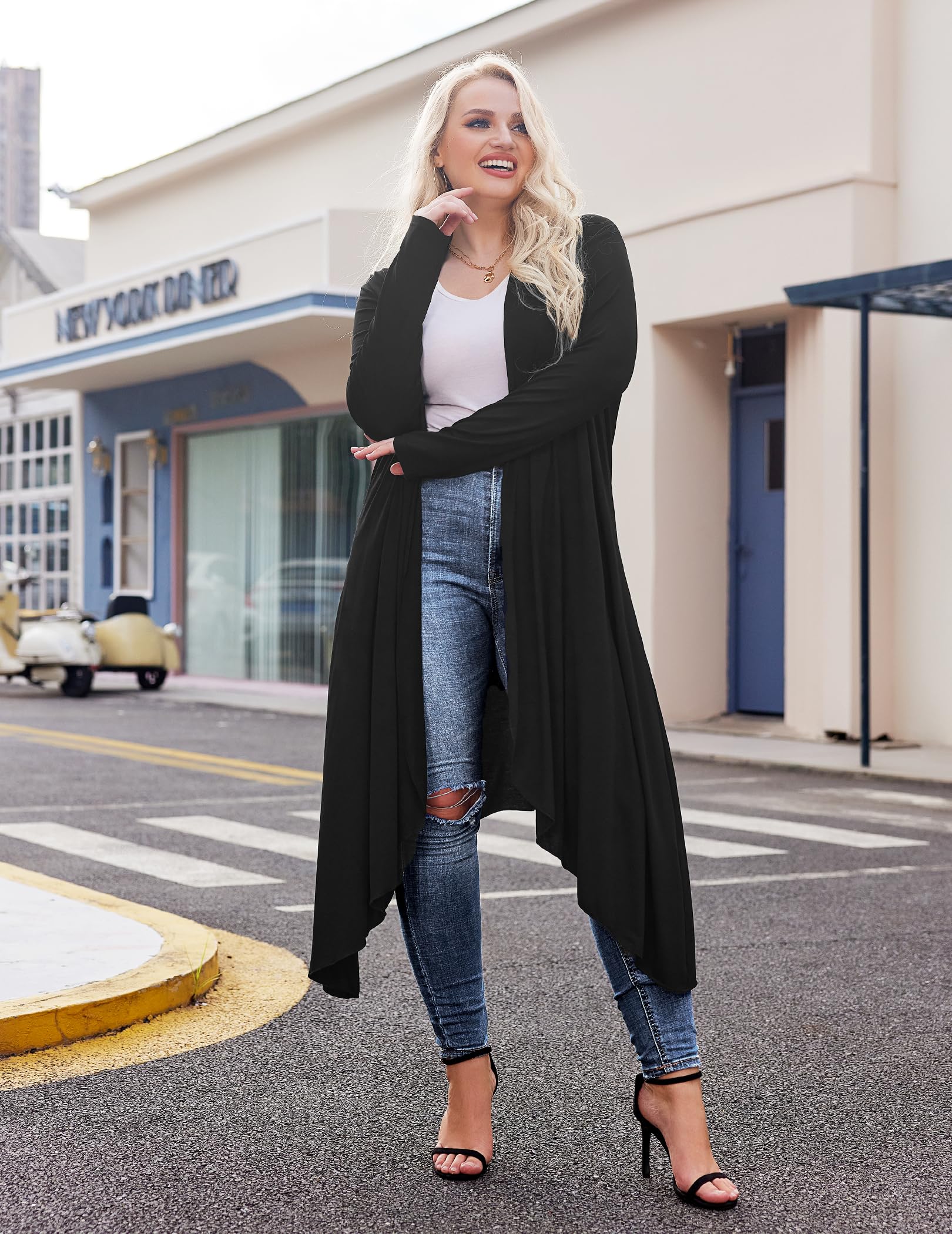 IN'VOLAND Plus Size Women's Long Sleeve Open Front Drape Cardigan - Lightweight Long Duster Sweater (Sizes L-5XL) for Casual Wear, Office Outfits & Layering in Fall/Winter