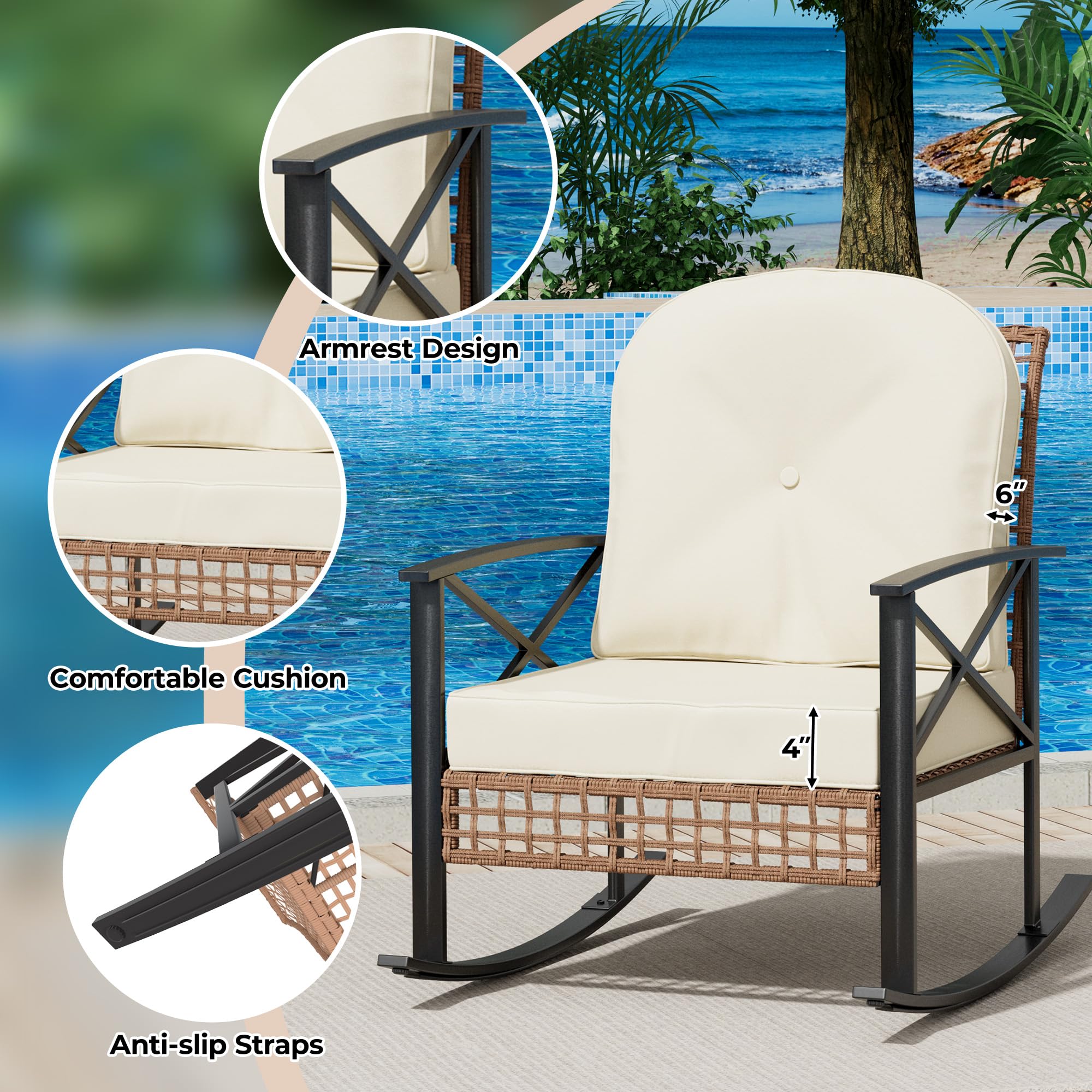 GARVEE 3-Piece Rattan Rocking Bistro Set - 2 Cushioned Rocker Chairs & 2-Tier Coffee Table - Outdoor Patio Furniture for Garden, Porch, Backyard - Perfect for Relaxing, Entertaining & Enjoying Morning Coffee