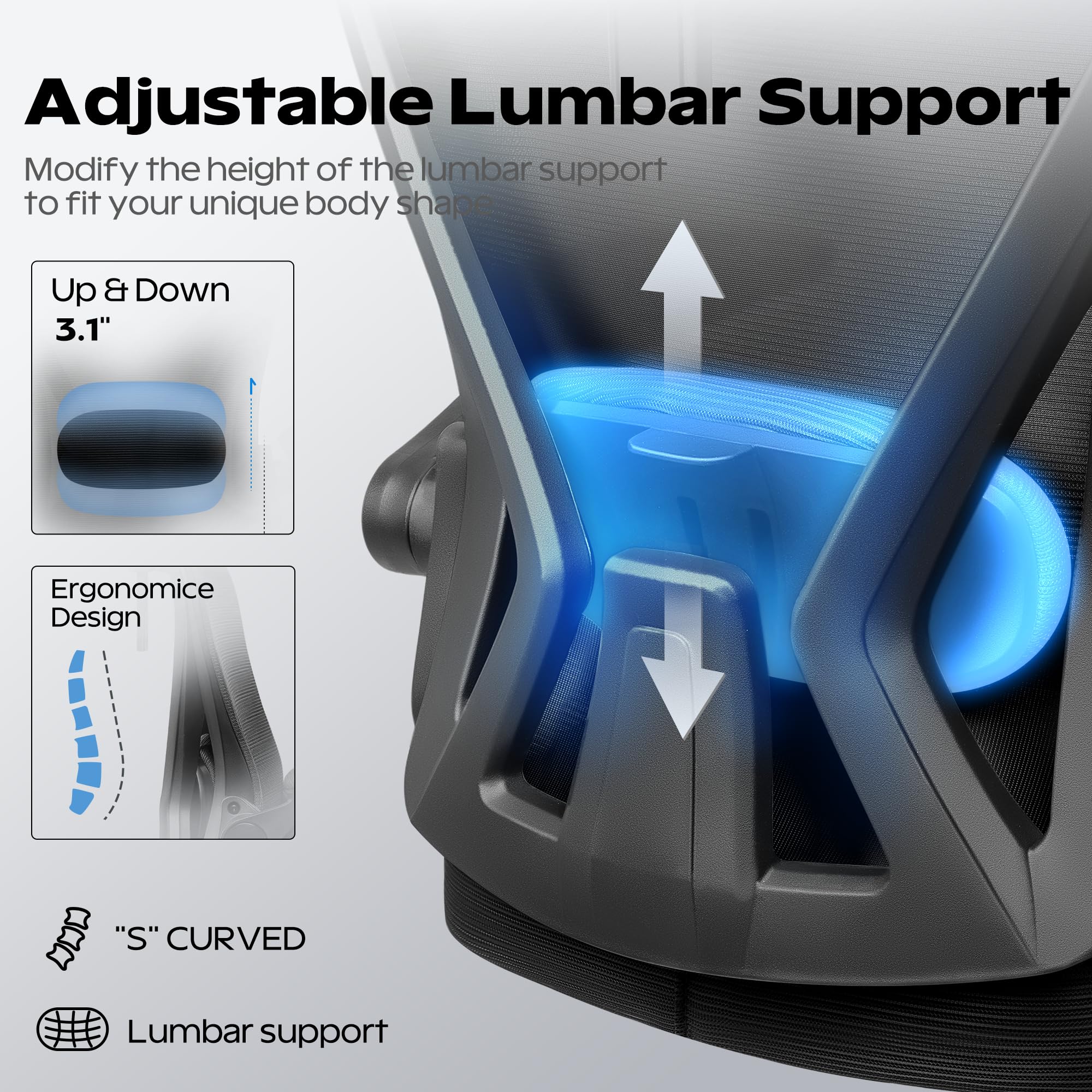 Ergonomic Office Chair with Headrest & Lumbar Support - High Back Mesh Computer Desk Chair with Flip-Up Armrests, Swivel & Rolling Wheels - Comfortable Task Chair for Home Office, Gaming & Workspace