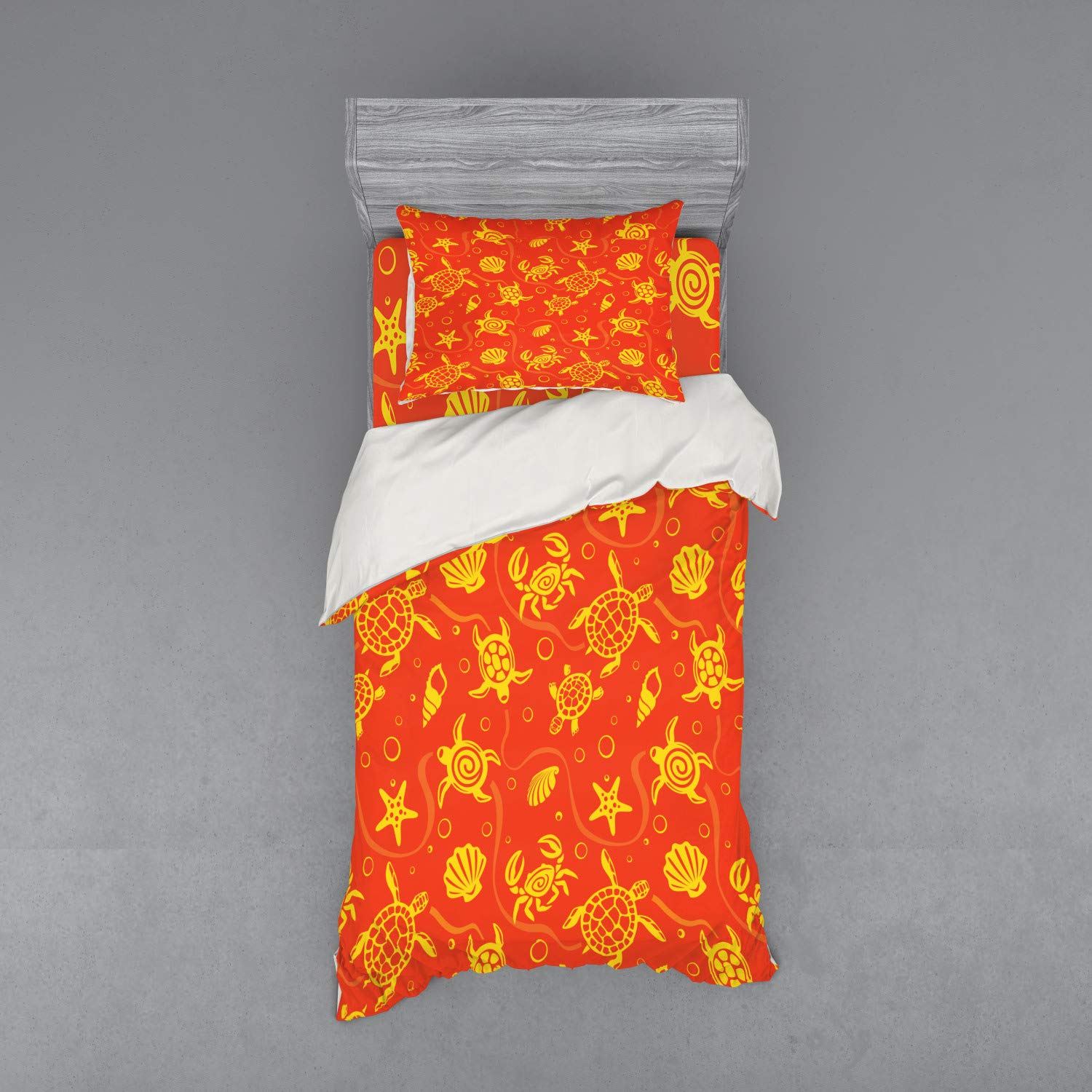 Ambesonne Orange Tropical Bedding Set - 3 Piece Duvet Cover with Sham & Fitted Sheet, Twin Size, Burnt Orange Yellow | Swimming Turtles, Crabs with Seashells, Bubbles & Starfish Design | Perfect for Beach Themed Bedrooms, Summer Decor & Coastal Home Styling