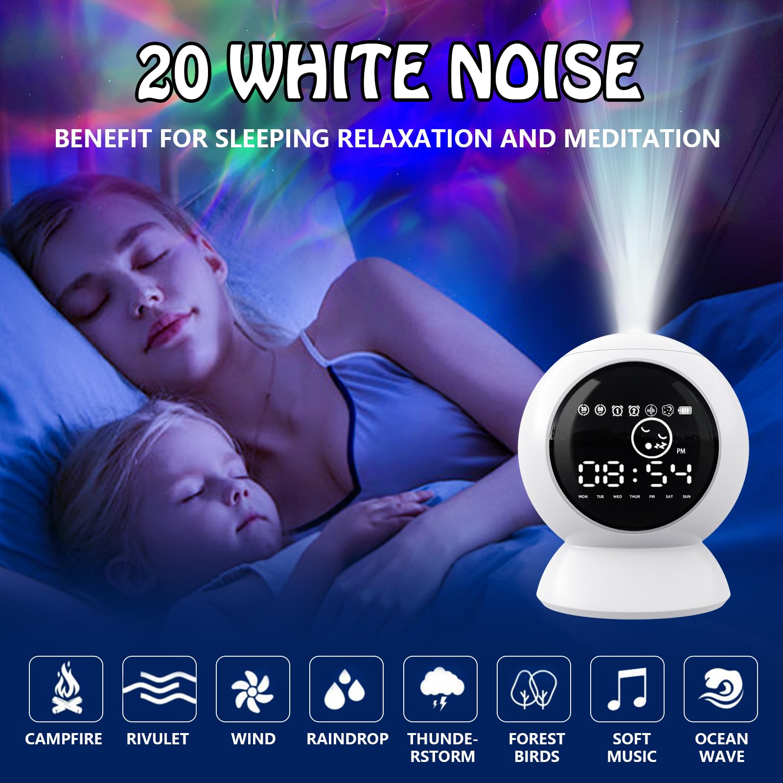 Rechargeable LED Alarm Clock with Star Projector & Bluetooth Speaker - Moon Lamp, White Noise, Timer, Remote Control for Kids Bedroom, Home Decor, Ceiling | Perfect for Relaxation, Sleep Aid & Galaxy-Themed Night Light