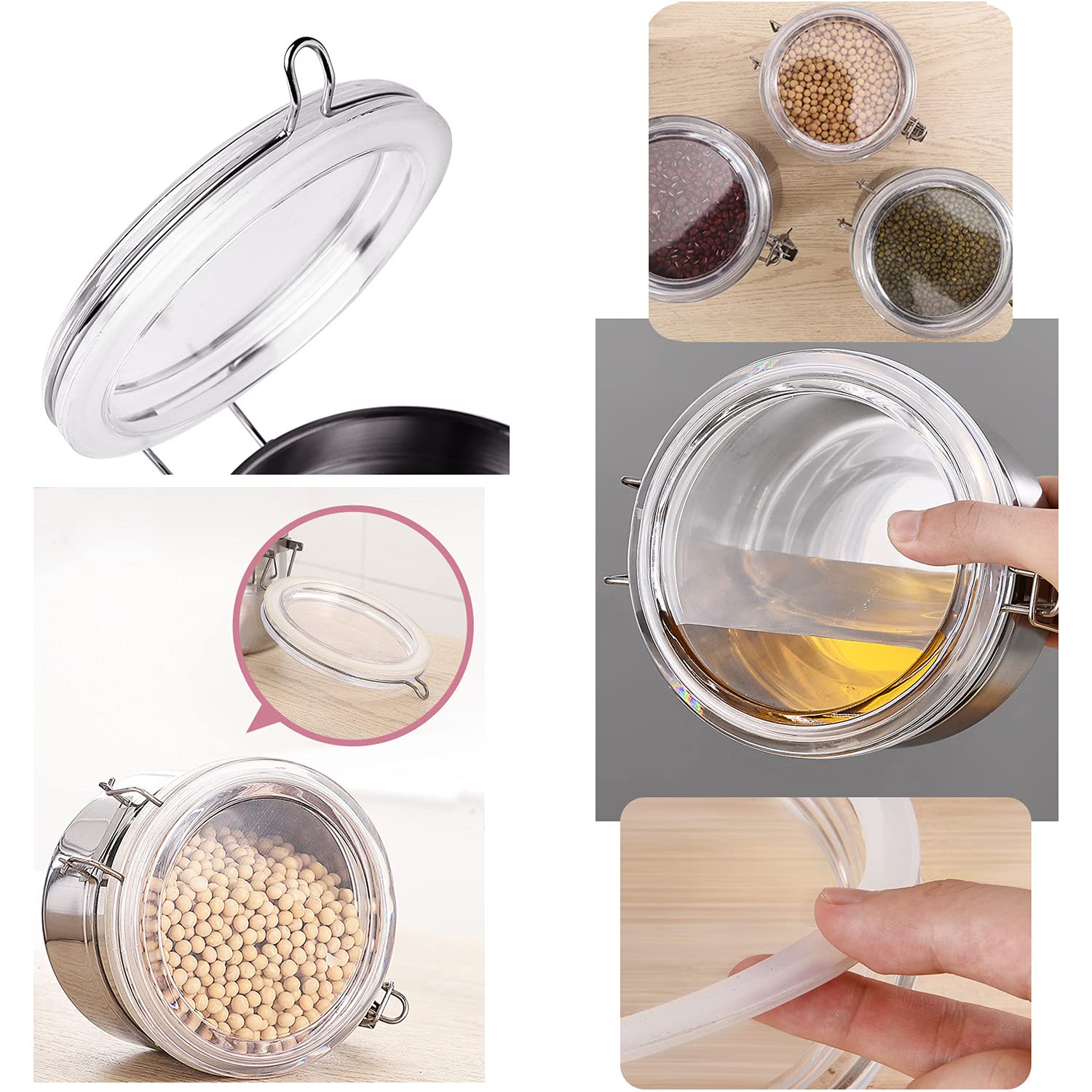 4-Piece Stainless Steel Airtight Food Storage Canister Set with Clear Acrylic Lids & Locking Clamps - Perfect for Coffee, Tea, Sugar, Flour, Cereal, Beans - Ideal for Kitchen Pantry Organization & Countertop Display (5 inch)