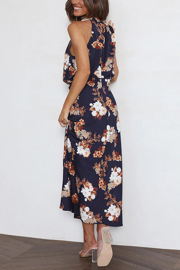 Floral Halter Neck Maxi Dress with Elastic Waist - Perfect for Wine Country Dates, Summer Weddings & Beach Vacations