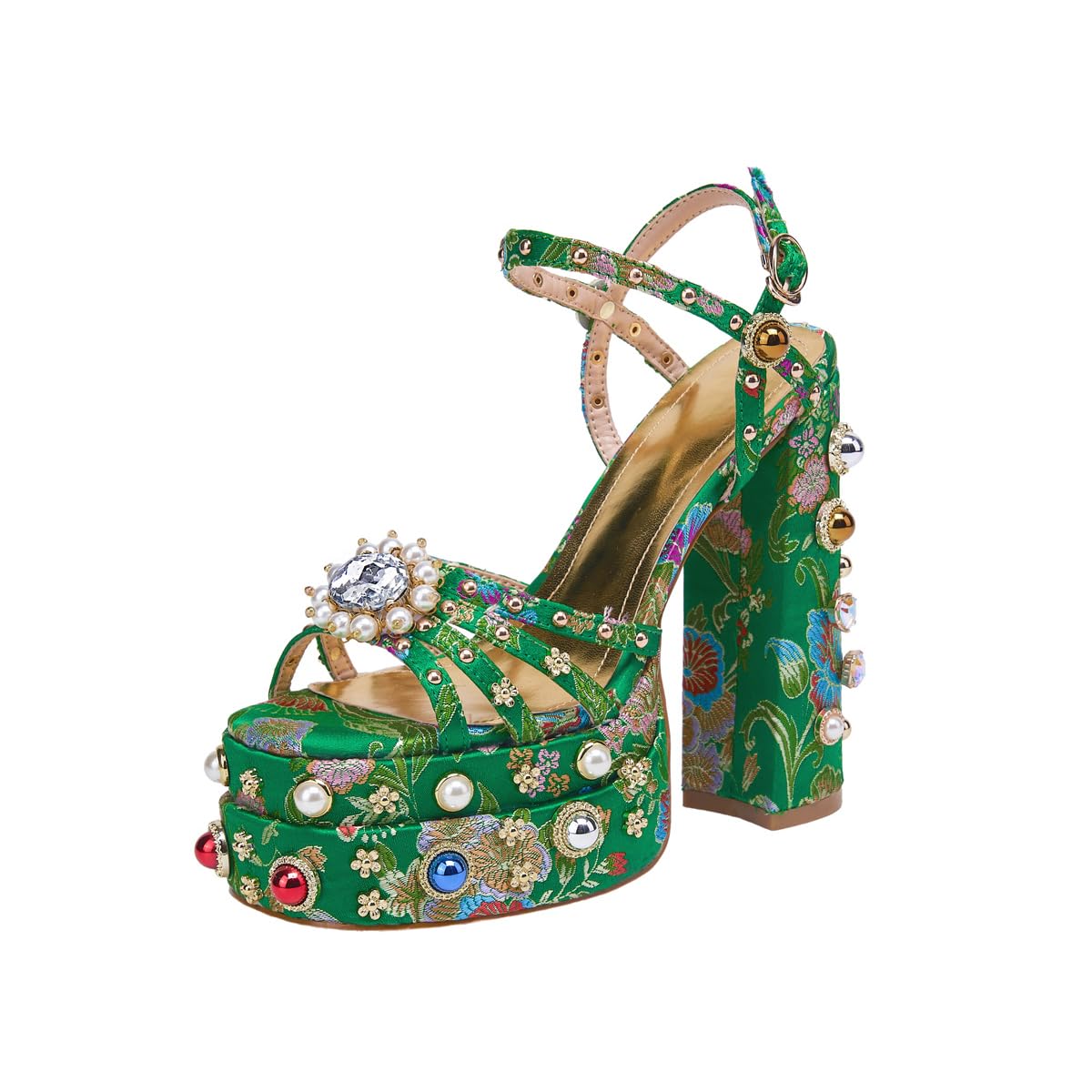 Feinlina Women's Rhinestone High Heel Sandals - Chunky Platform Open Toe Block Heels with Gems Detail, Floral Print Embroidery & Ankle Strap - Green & Pink Dress Shoes for Wedding, Party, Prom, Evening Events and Special Occasions