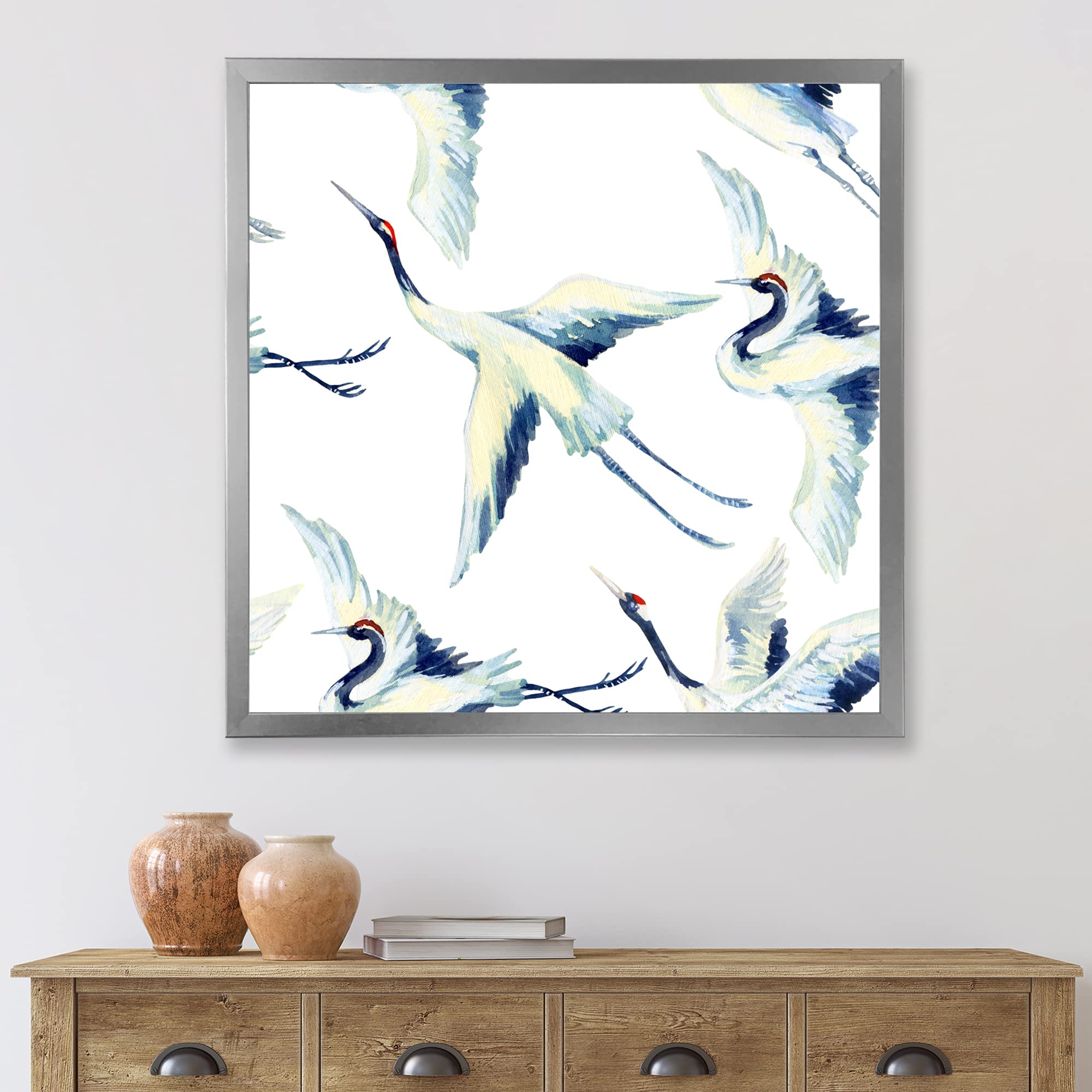 Asian Crane Bird Traditional Framed Wall Art - Handmade Home Decor for Living Room, Bedroom & Office | Feng Shui Inspired Painting