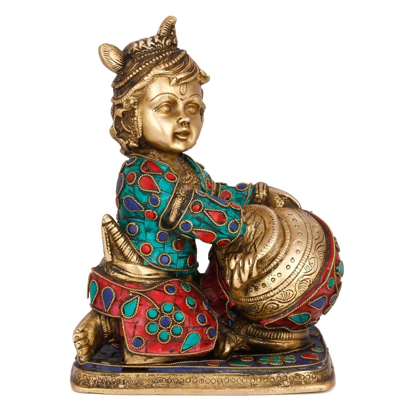 Hand Carved Baby Krishna Brass Statue - Divine Butter Thief Hindu Deity Sculpture for Home Altar, Puja Worship & Spiritual Decor