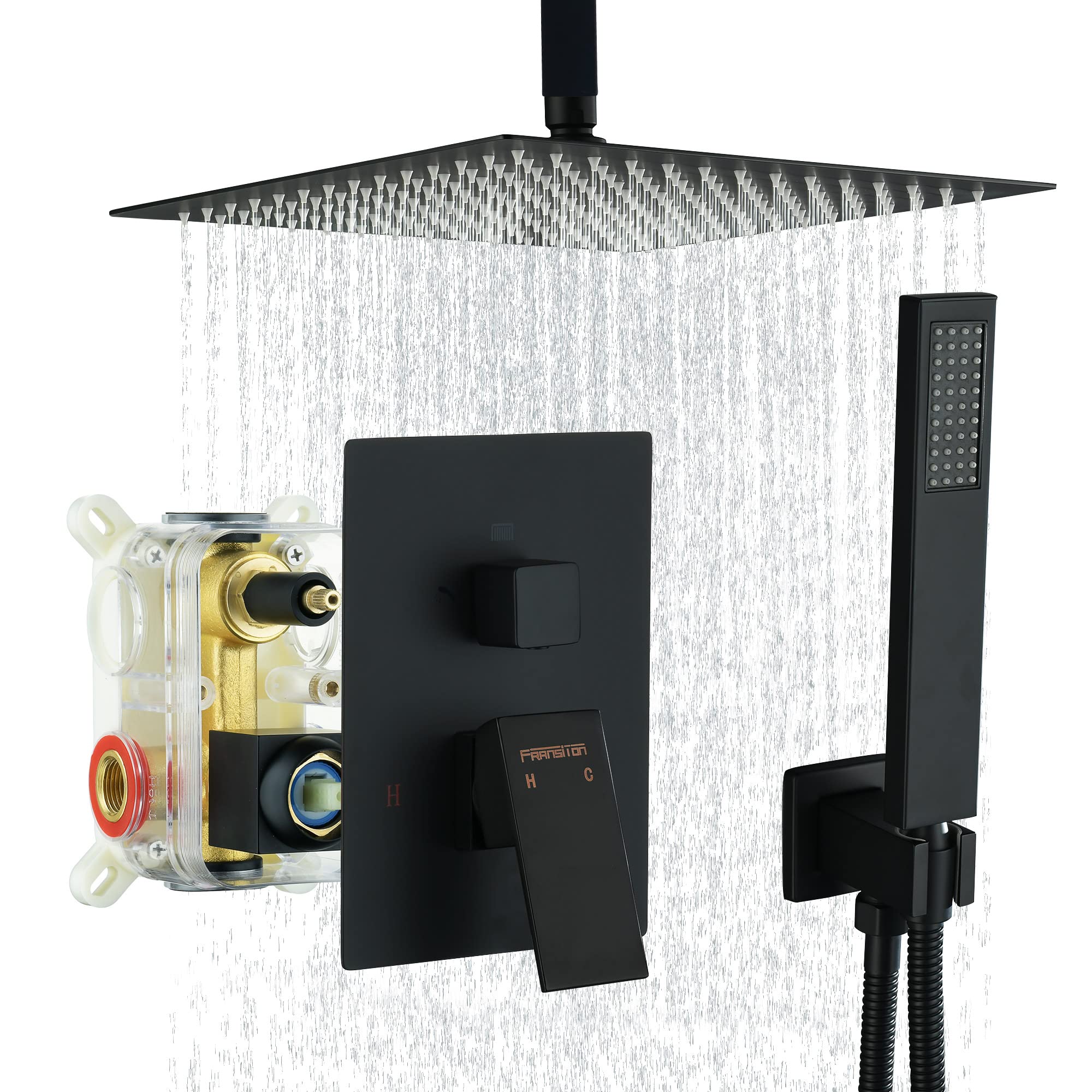 Fransiton 10 Inch Matte Black Ceiling Mount Rain Shower System Set with Handheld Shower Head - Modern Bathroom Shower Kit (Valve Included) for Luxurious Spa-Like Experience