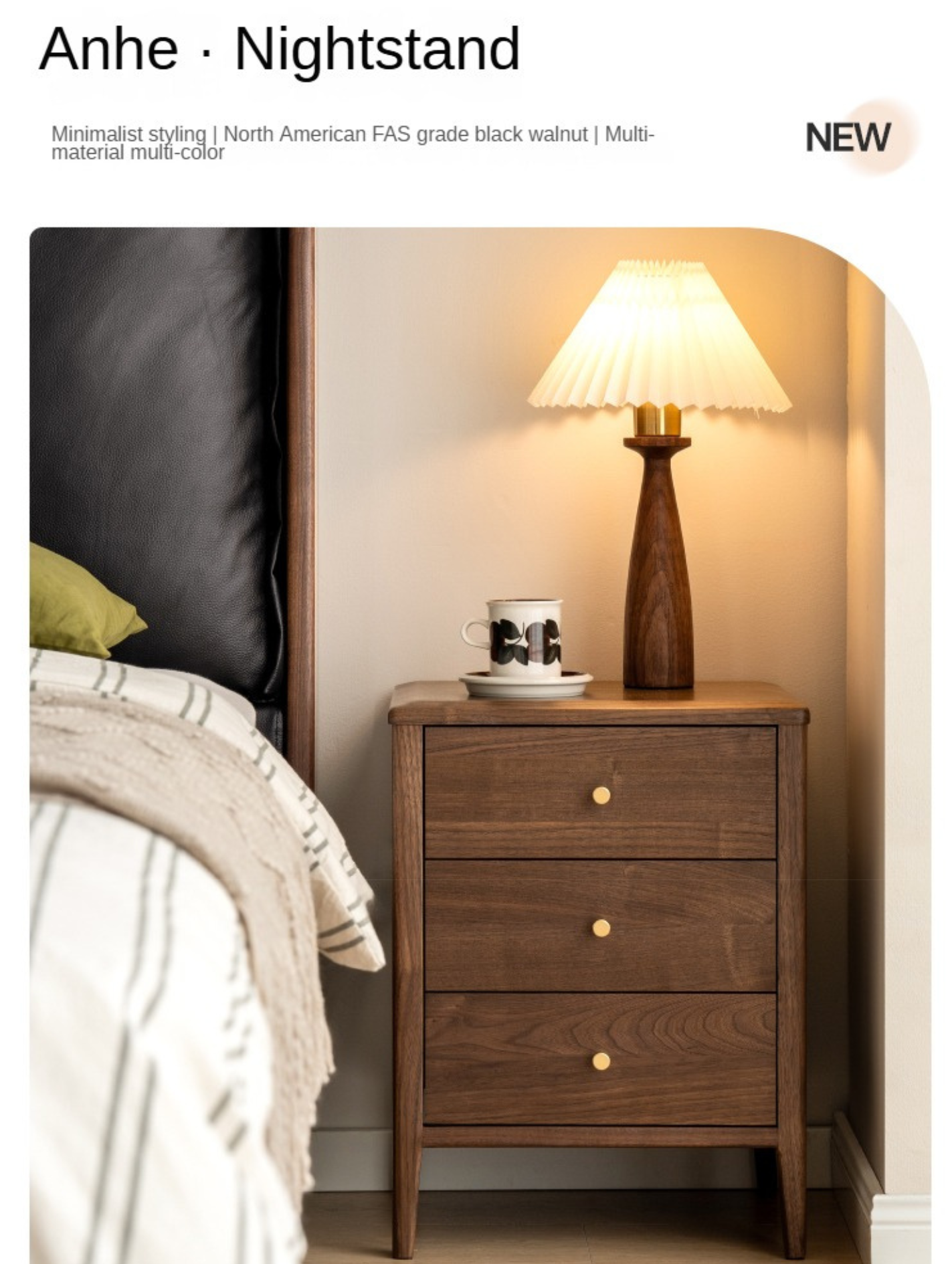Premium Black Walnut Solid Wood Nightstand - Modern Nordic Style Bedside Table for Bedroom, Living Room & Office Furniture