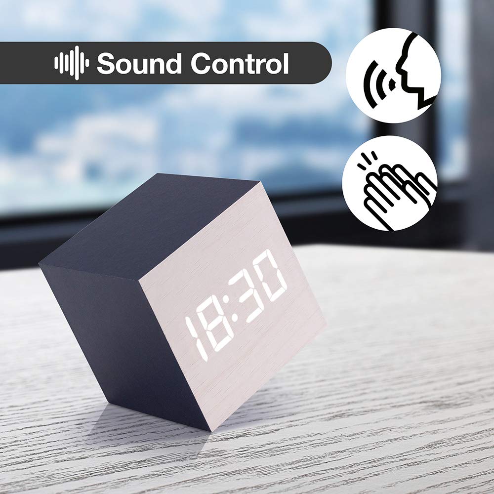 Wooden LED Digital Alarm Clock with Thermometer, Timer & Calendar - Bright Blue Display for Bedroom, Office, and Travel