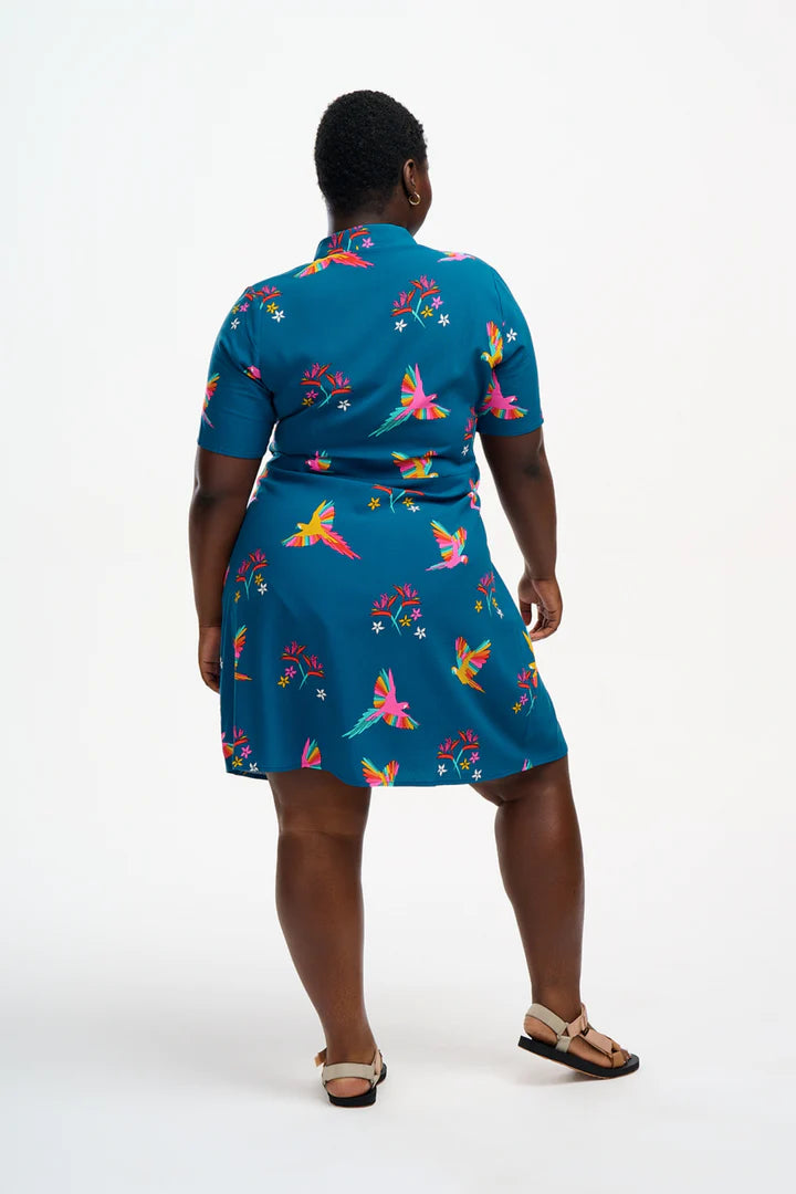 Stylish Dessie Shirt Dress with Teal Rainbow Parrots Print - Women's Flowy Casual Tunic Top for Summer Outings, Beach Vacations & Boho Fashion