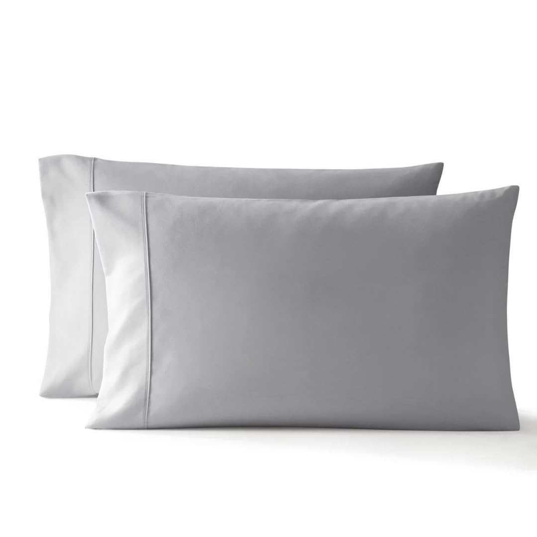 Premium 100% Long Staple Combed Cotton Pillowcases - Cooling Standard Size 20x30 Inches (Set of 2) - Light Grey Solid with 4-Inch Hem - Breathable & Soft for Better Sleep - Perfect for Bedroom, Guest Room & Travel