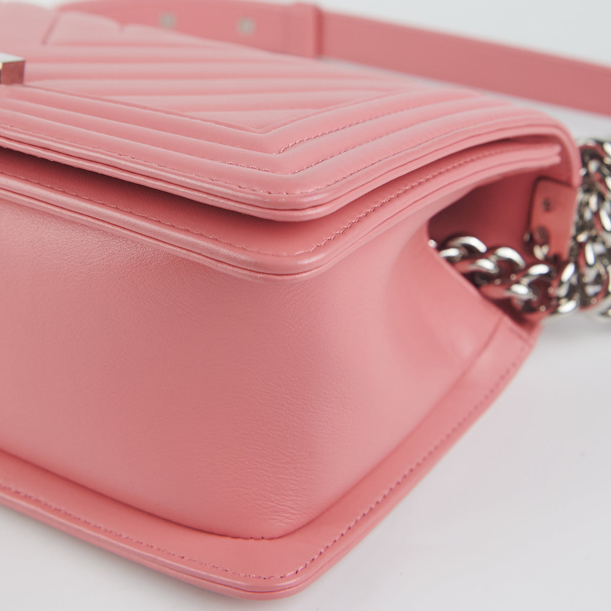Chanel Chevron Quilted Boy Bag Old Medium Size Lambskin Leather Pink Crossbody Purse - Perfect for Date Night & Evening Events