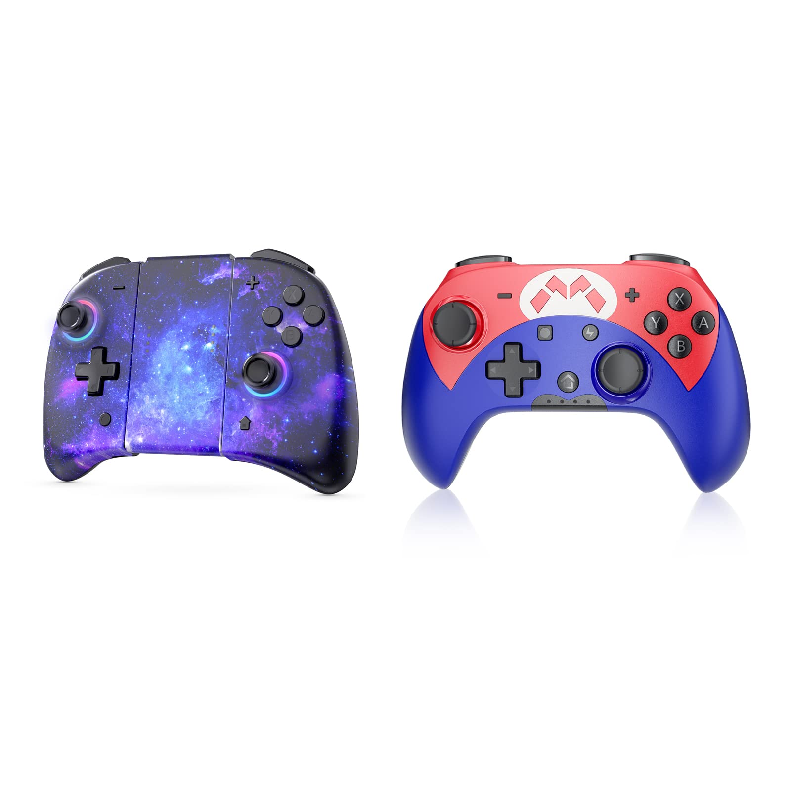 NexiGo Wireless Joypad Controller for Nintendo Switch/Lite/OLED - 2 Pack with LED Lights, Back Buttons, Turbo & Motion Control (Cosmic Nebula & Mario) | Perfect for Multiplayer Gaming, Travel & Home Entertainment