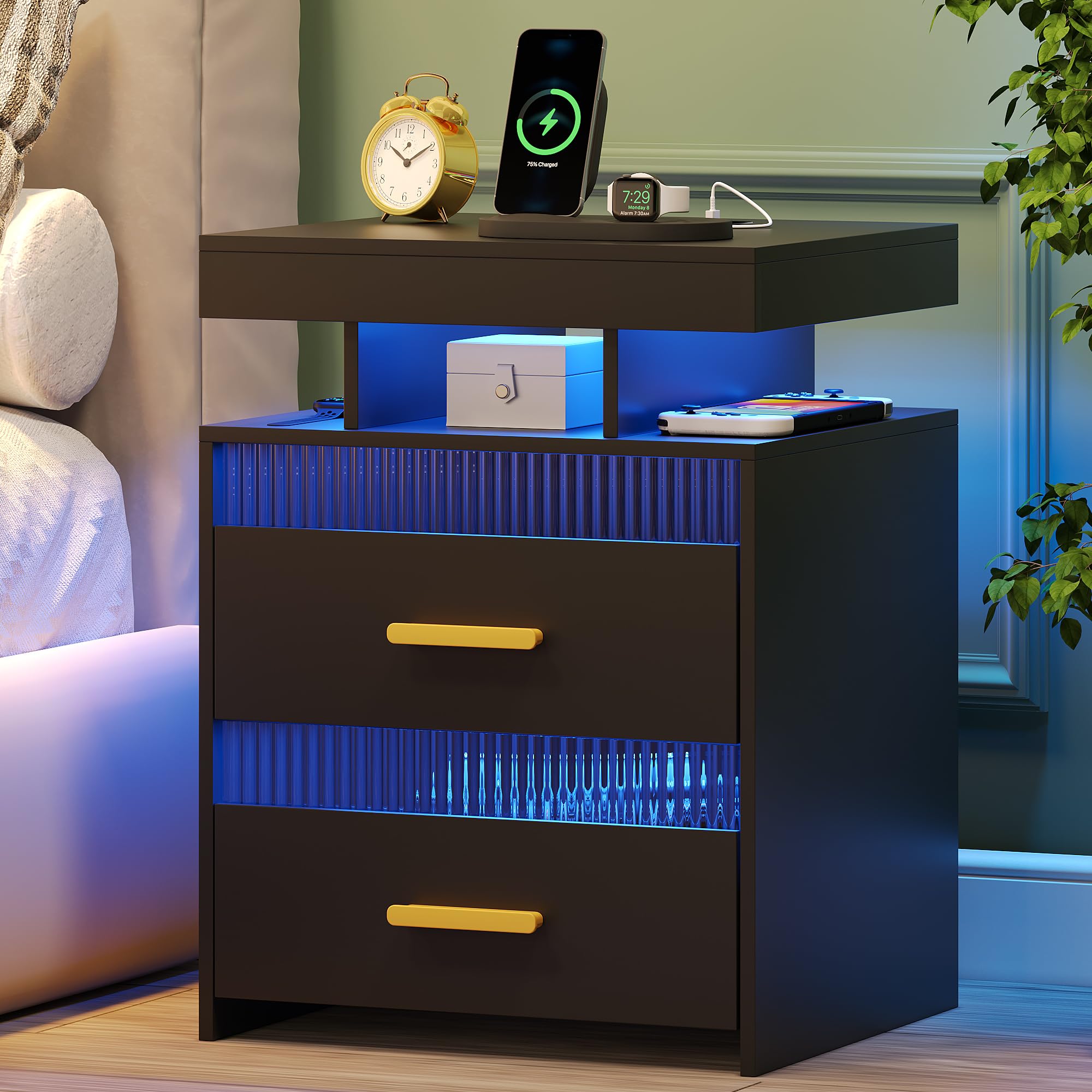 Black Nightstand with RGB LED Lights & USB Charging Station, Human Sensor LED Drawer Lights, Modern End Table for Bedroom, Living Room, Office - Perfect for Small Spaces and Studio Apartments