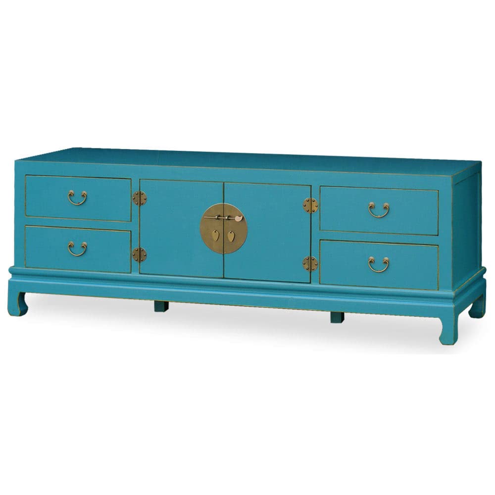 Distressed Blue Elmwood Chinese Kang Media Cabinet - Vintage Asian Furniture for Living Room & Bedroom Storage - Handcrafted Solid Wood TV Stand with Antique Finish