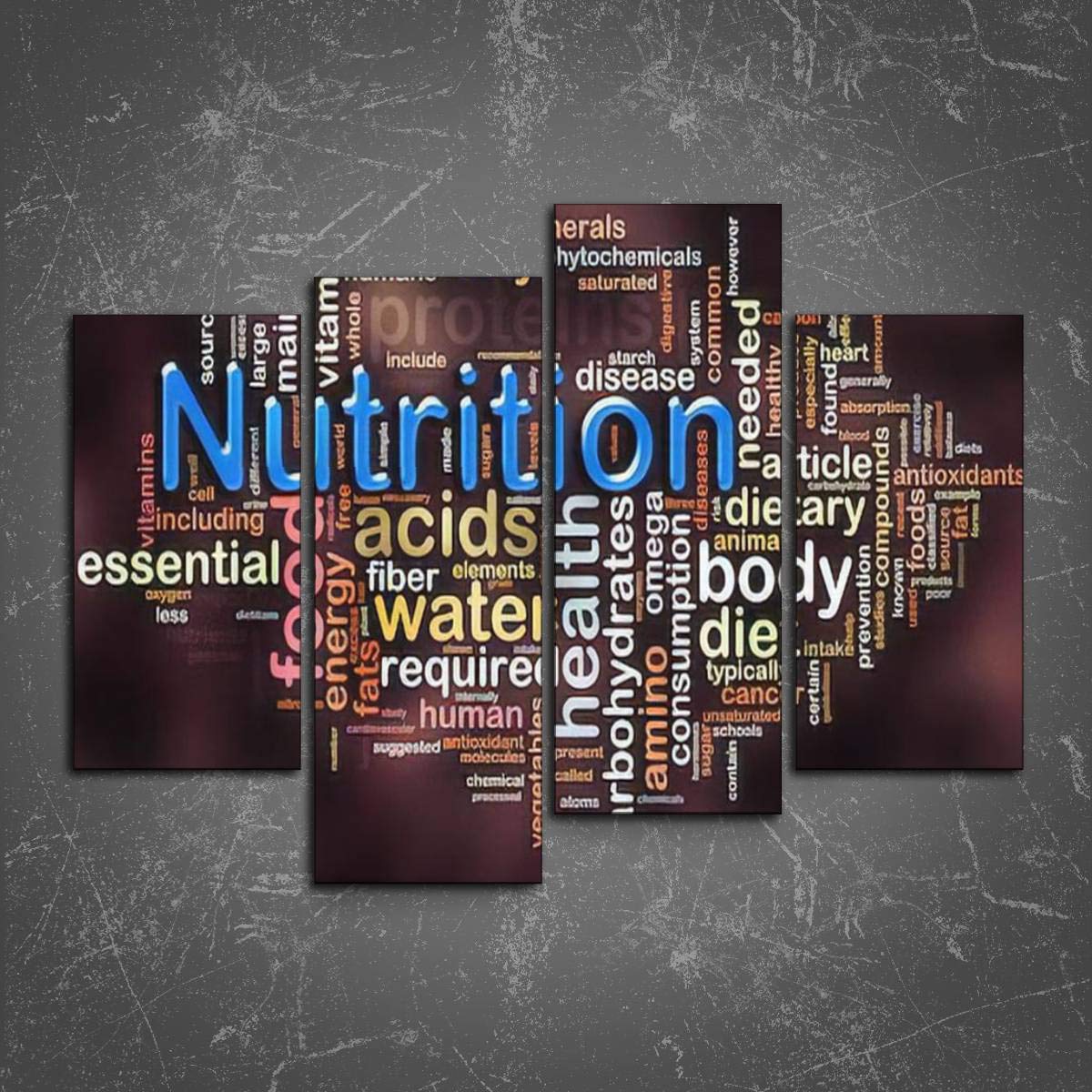 PeeNoke Nutrition Word Cloud Canvas Wall Art - Modern 4 Panel Home Decor Painting for Living Room, Bedroom & Office | Healthy Eating & Wellness Themed Print