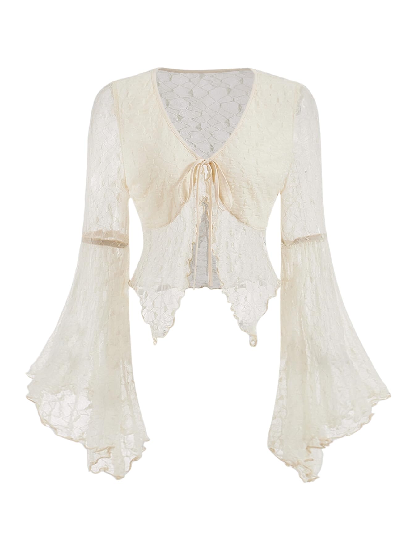 Verdusa Women's Lace Tie Front Bell Sleeve Sheer Blouse - Elegant Long Sleeve Crop Top for Date Night, Party & Office Wear