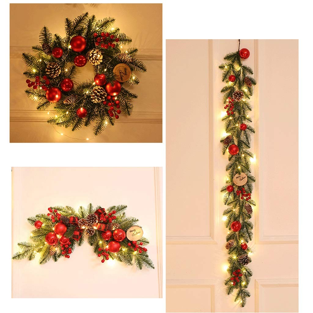 ZNZN Artificial Christmas Wreath Garland with/without LED Lights - PE Rattan Door Hanging Decor Set for Holiday Home & Office Decoration | Perfect for Fireplace Mantel, Front Door, and Wall Decor