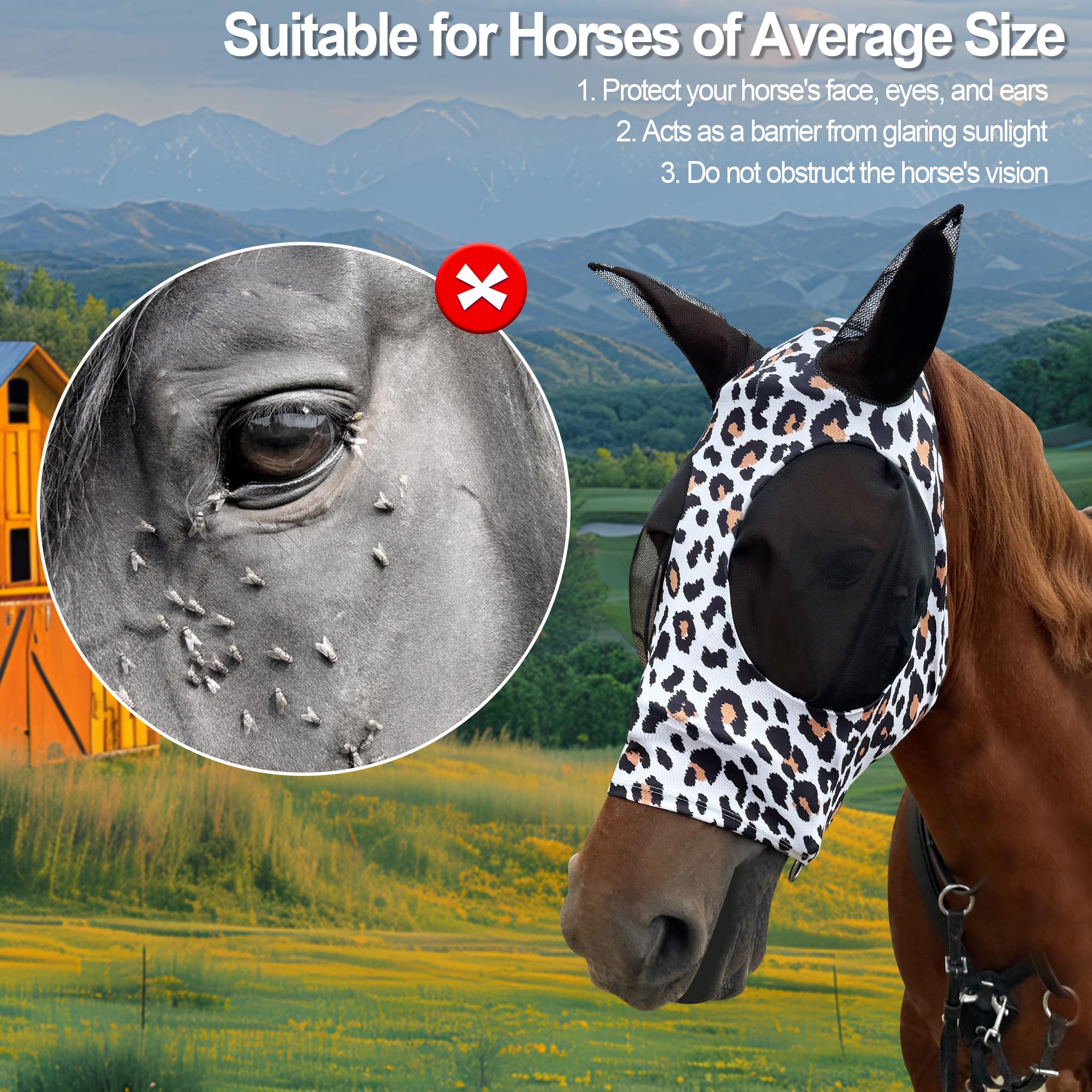 Breathable Horse Fly Mask with Ears - UV Protection Equine Fly Mask for Sunlight & Insects, Large Eye Space Elastic Fabric Funny Leopard Print Mask for Average Size Horses - Perfect for Pasture, Riding & Outdoor Activities
