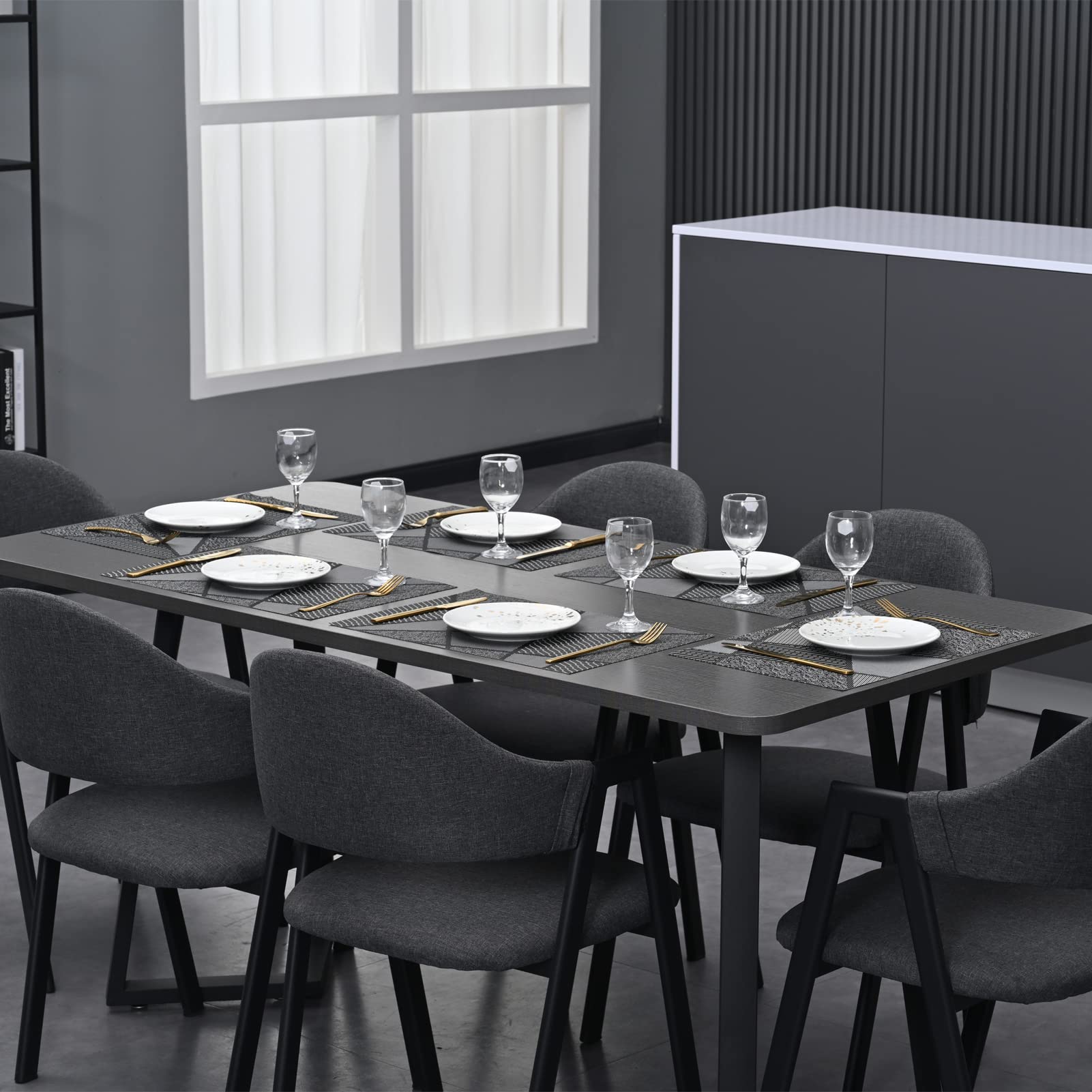 Premium 6-Piece Durable Placemats Set - Heat Resistant & Washable Vinyl Placemats for Kitchen & Dining Table - Indoor/Outdoor Use - Easy Clean & Woven Design (Black) - Perfect for Daily Meals, Parties, and Outdoor Dining