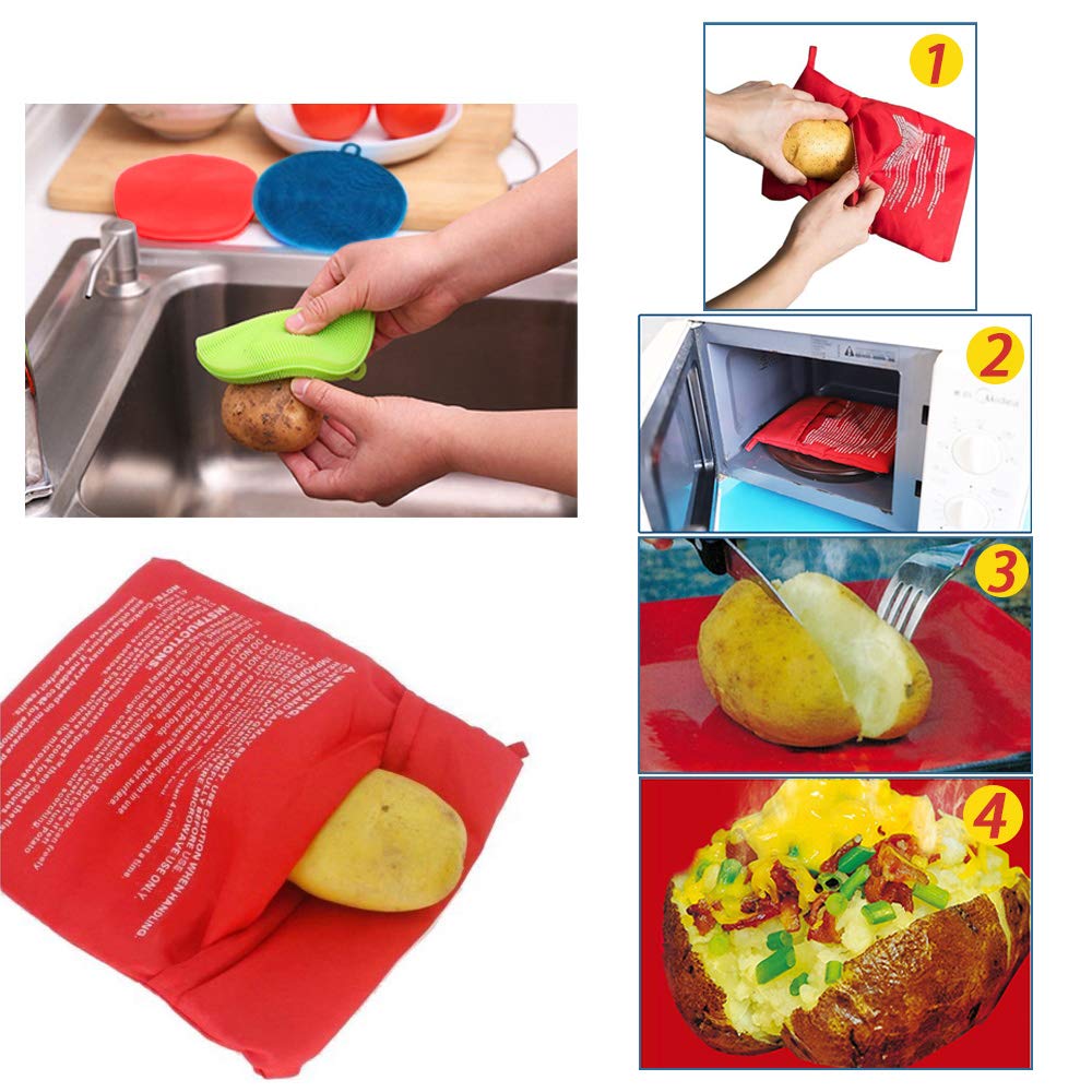 3 Pack Microwave Potato Cooking Bags with Silicone Vegetable Scrubber Brush - Reusable Baked Potato Pouch & Multi-Purpose Silicone Dish Sponge for Kitchen Cleaning (Red) - Perfect for Quick Meals, Healthy Cooking & Easy Cleanup