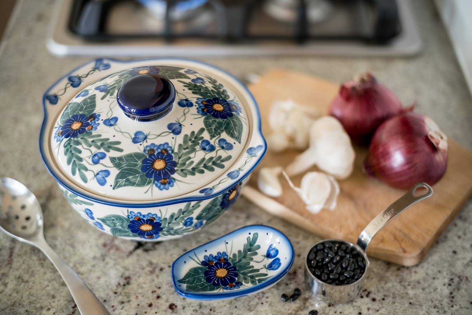 Blue Rose Polish Pottery Forget Me Not Round Covered Baker - Handmade Ceramic Baking Dish for Casseroles, Soups & Desserts - Perfect for Dinner Parties & Holiday Gatherings