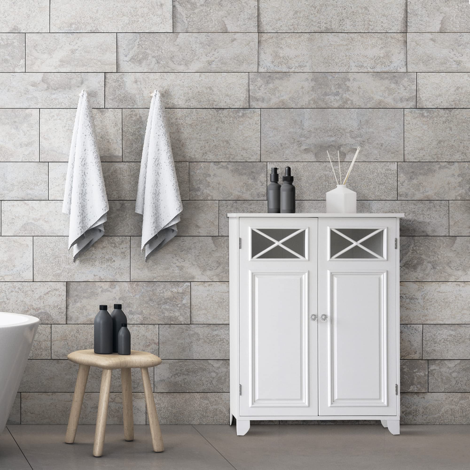 Teamson Home Dawson White Wooden Freestanding Floor Cabinet - 3 Storage Spaces, 1 Fixed & 1 Adjustable Shelf, 2 Glass Panel Doors with Clear Knobs - Perfect for Living Room, Bedroom, or Office Storage & Display