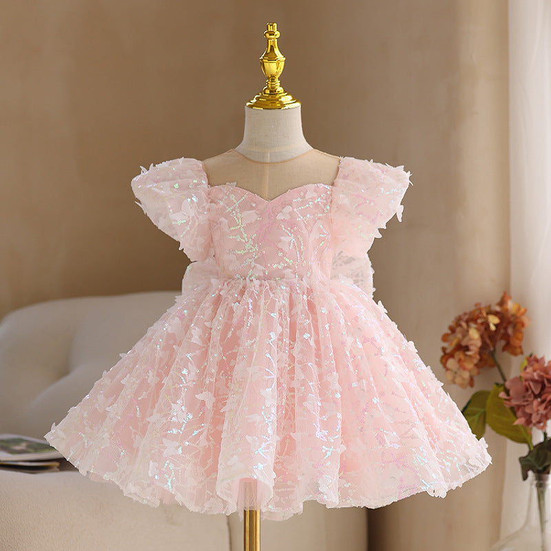Baby Girl Birthday Party Dress - Pink Sequin Bow Fluffy Pageant Princess Gown for Summer | Perfect for Special Occasions, Photo Shoots & Pageants