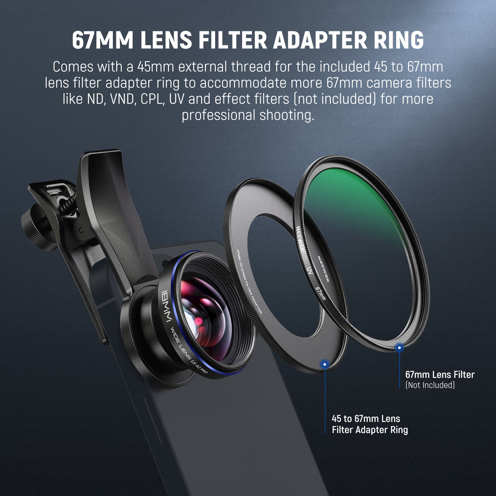 NEEWER LS 42 PRO 18mm 100° Wide Angle Lens with Clip & 67mm Filter Adapter - Perfect for Smartphone Photography, Vlogging, and Travel Shots