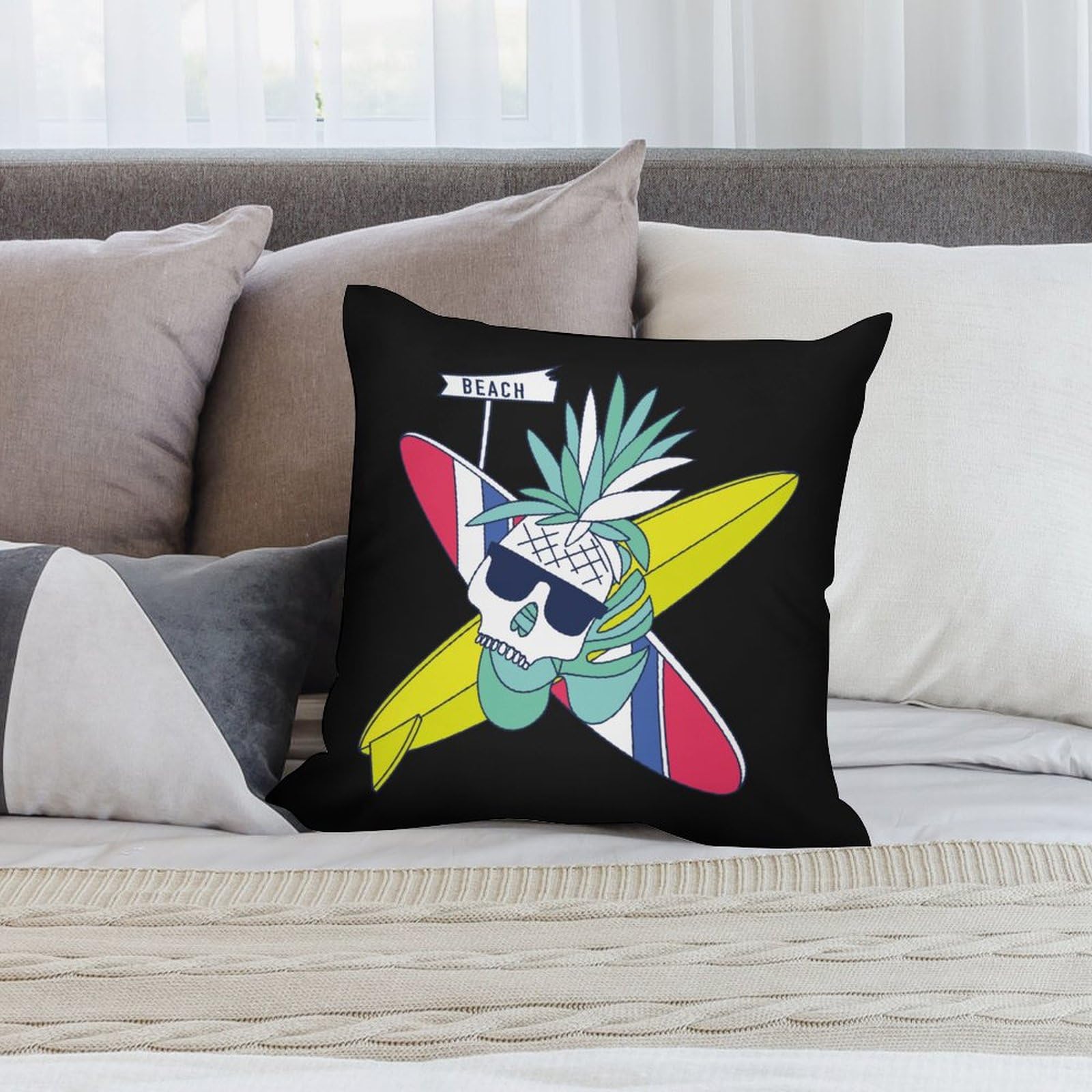 Surfboard Skull Pineapple Plush Pillow Covers - Soft 16x16 Inch Cushion Cases for Sofa, Bed, Dorm (Set of 4) - Tropical Home Decor & Beach House Accessories
