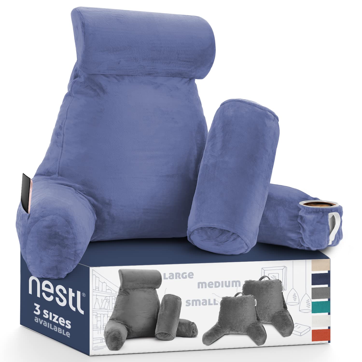 Nestl Reading Pillow with Shredded Memory Foam - Large Back Support Pillow for Sitting in Bed, Reading, and Relaxing - Steel Blue Bed Chair Pillow with Pockets - Perfect for Reading, Watching TV, and Lounging in Bed or on the Floor