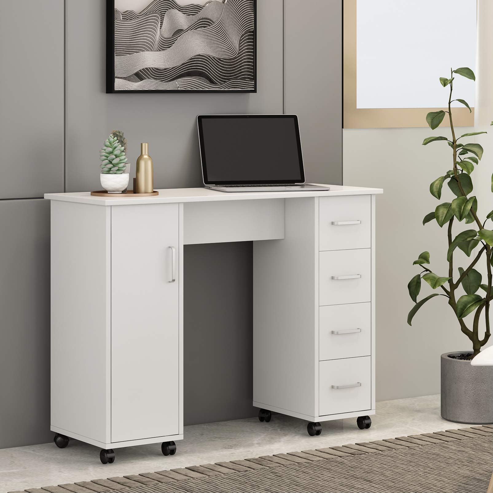 Professional Double-Sided Manicure Nail Spa Table with 4 Drawers & Cabinet - White Wooden Nail Art Technician Workstation for Salon & Home Beauty Business - Perfect for Nail Technicians, Spa Professionals & DIY Nail Enthusiasts
