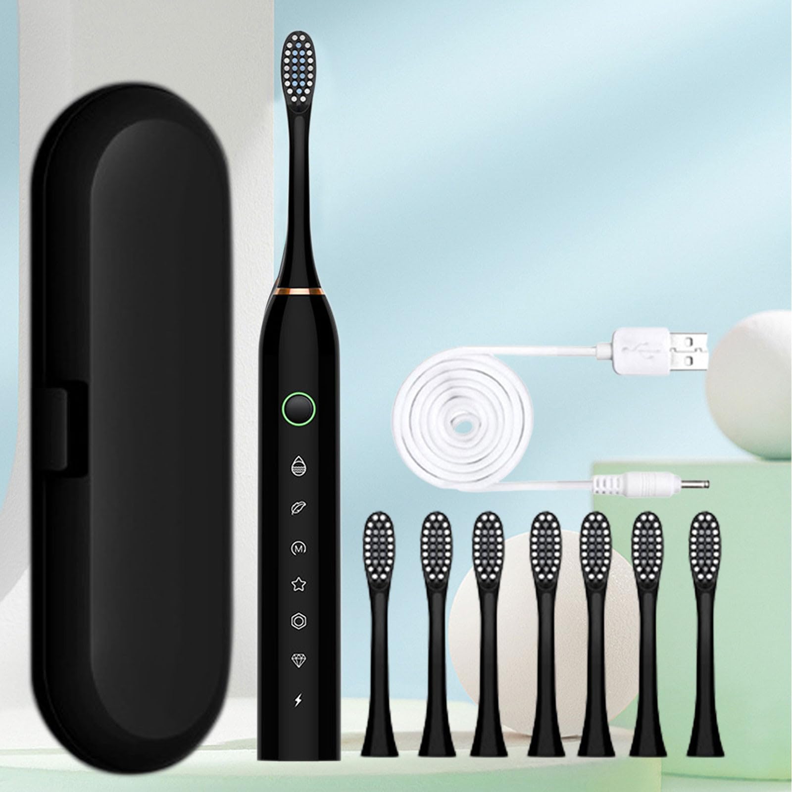 Premium Electric Toothbrush for Adults - 8 Replacement Brush Heads, 6 Cleaning Modes, IPX7 Waterproof - Perfect Travel Toothbrush with Case (Black) | Ideal for Home Use, Business Trips & Gifts for Women & Men