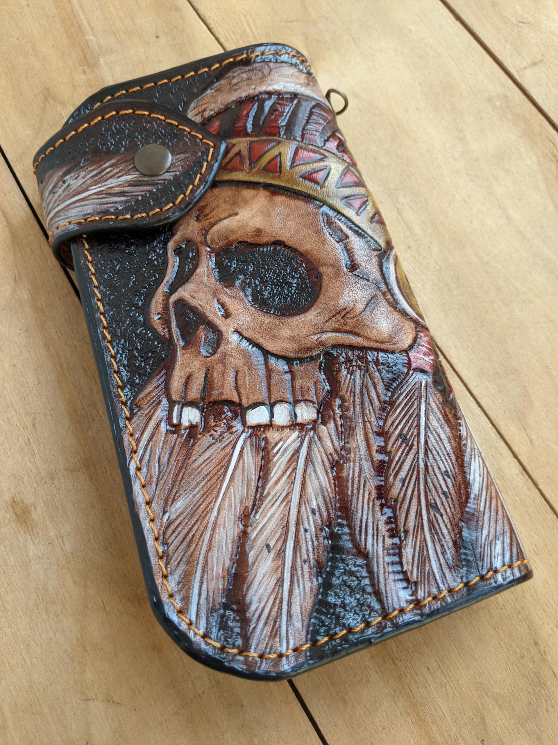 Handmade 3D Genuine Leather Biker Wallet for Men - Custom Engraved & Hand-Painted Long Wallet with Indian Skull & Skeleton Design - Perfect for Motorcycle Riders, Gift Giving & Everyday Use