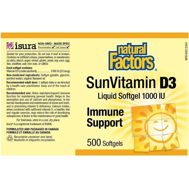 Natural Factors Vitamin D3 1000IU Softgels (500 Count) - Supports Bone Health & Immune System - Ideal for Daily Supplementation & Indoor Lifestyles