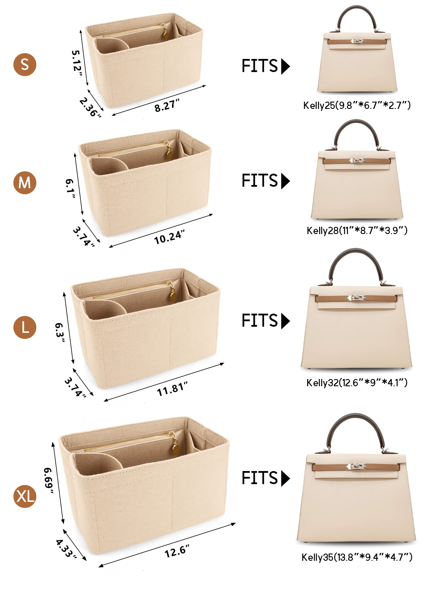 LEXSION Beige Medium Felt Purse Organizer Insert for Handbags - Zippered Bag Organizer with Removable Bottle Holder for Kelly 28 | Perfect for Travel, Work & Everyday Use