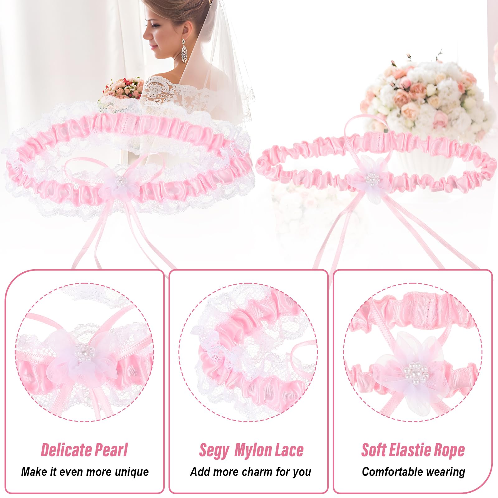 2-Piece Pink Bridal Garter Set for Wedding - Elegant Lace Bride Garter Belt with Bow, Perfect for Bridal Shower, Bachelorette Party & Something Blue Tradition