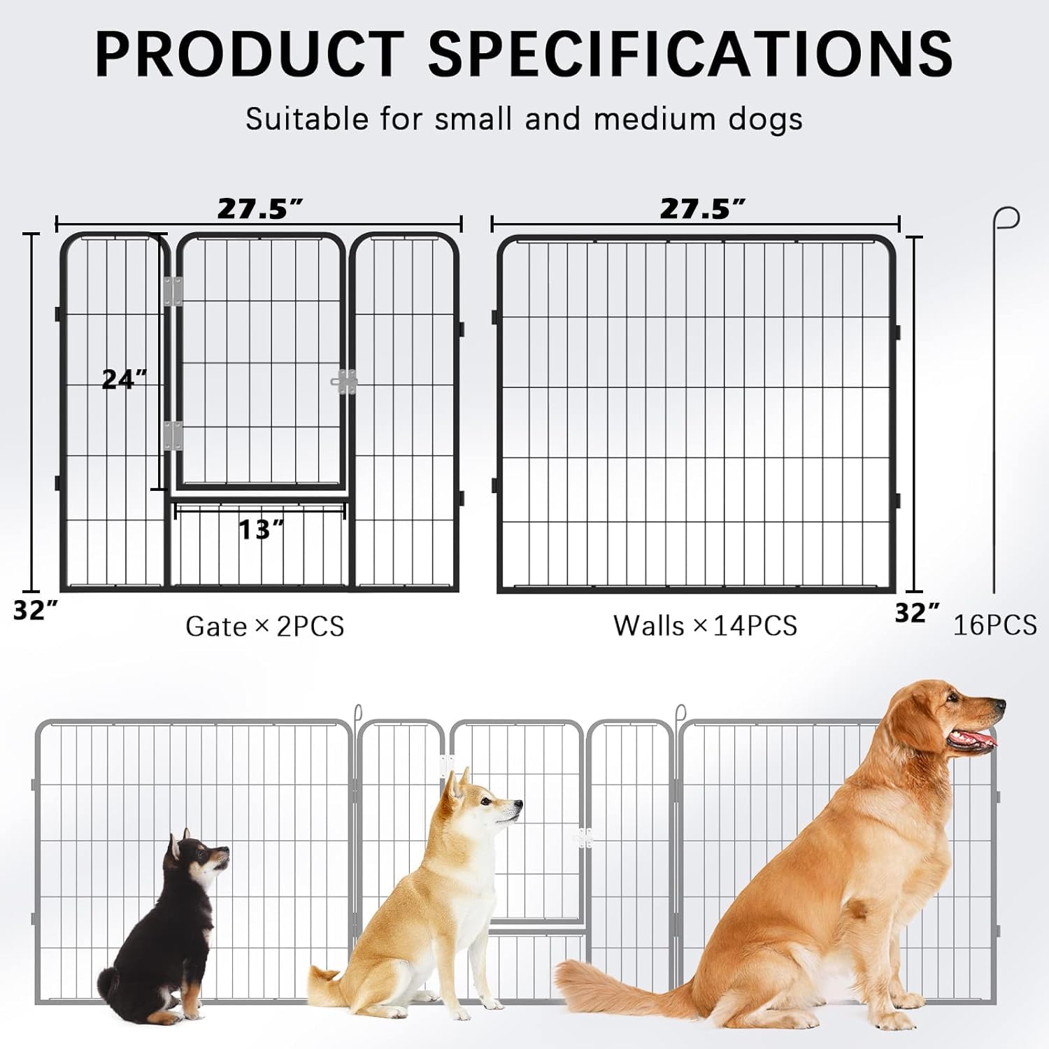 PUKAMI 16-Panel Portable Dog Playpen Fence - 32