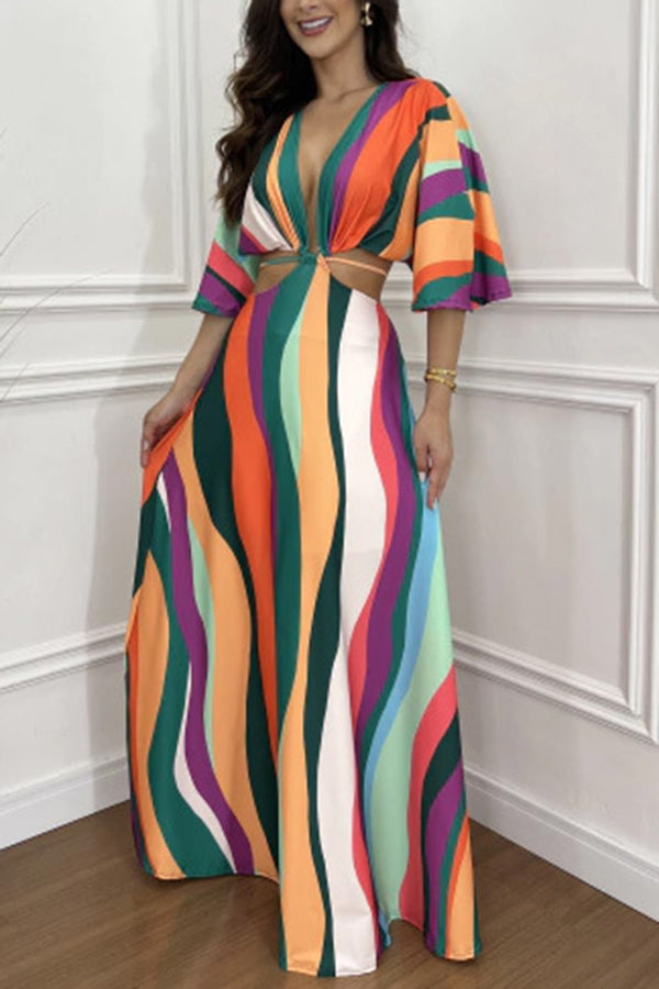 Wilma Unique Print Cutout Elastic Waist Tie Up Kimono Sleeve Maxi Dress - Women's Flowy Summer Beach Cover Up Dress for Vacation, Party & Boho Fashion