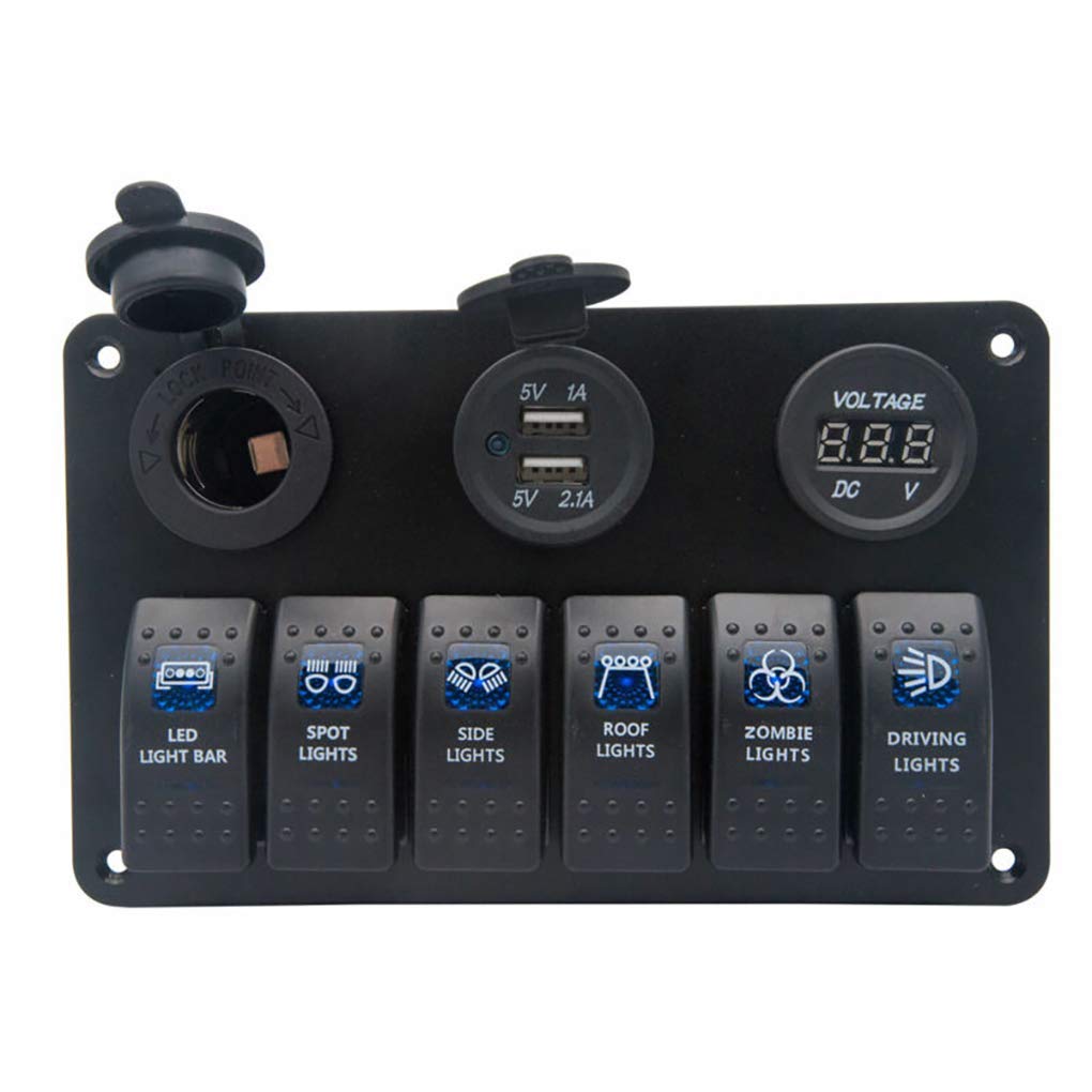 6 Gang Marine Rocker Switch Panel with Dual USB Chargers & LED Voltage Display - Waterproof ON-OFF Boat Switch Panel with Cigarette Lighter Socket for Cars, Trucks, RVs, Trailers & Marine Vehicles - Perfect for Off-Road Adventures, Camping Trips & Marine Applications