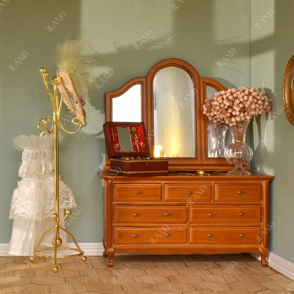 iLAND 1:12 Scale Miniature Dollhouse Furniture Set - Golden Coat Rack & Full Mirror - Perfect for Dollhouse Decor, DIY Miniature Projects & Collectors Display