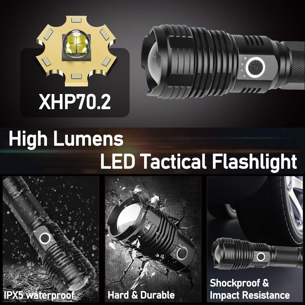100,000 Lumens Rechargeable LED Tactical Flashlight - Zoomable, Waterproof, 5 Modes for Camping, Hiking, Hunting & Emergency Use | Swanlake Super Bright Flashlight