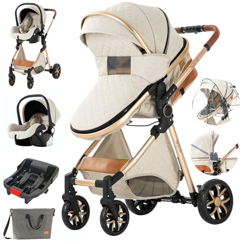 3 in 1 Baby Travel System - Reversible Foldable Stroller with Infant Car Seat Base (Creamy White) | Lightweight Pushchair for Newborns & Toddlers | Perfect for Shopping, Travel & Daily Walks