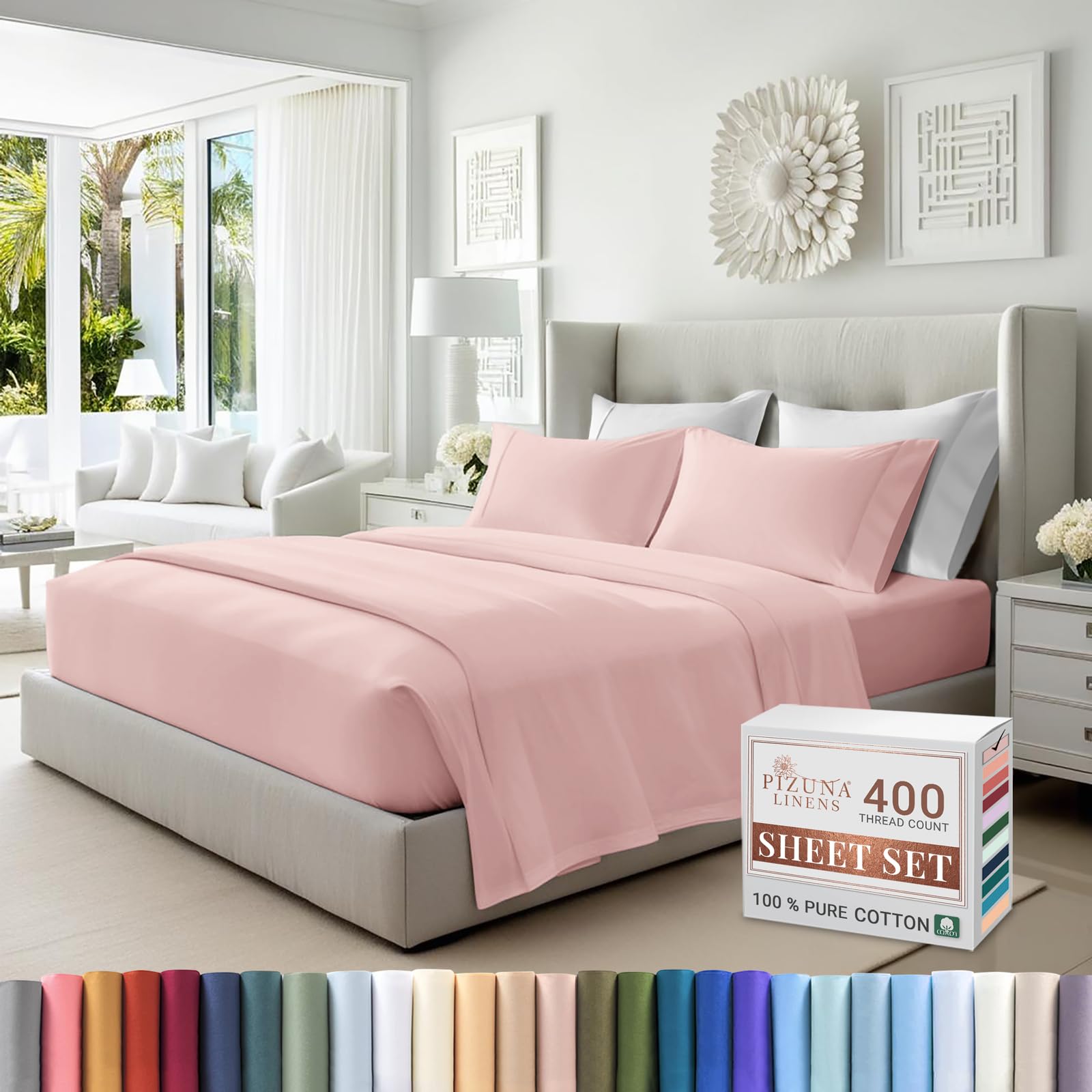 Pizuna Pure 100% Cotton California King Sheets - 400 Thread Count Luxury Sateen Bedding Set with 15