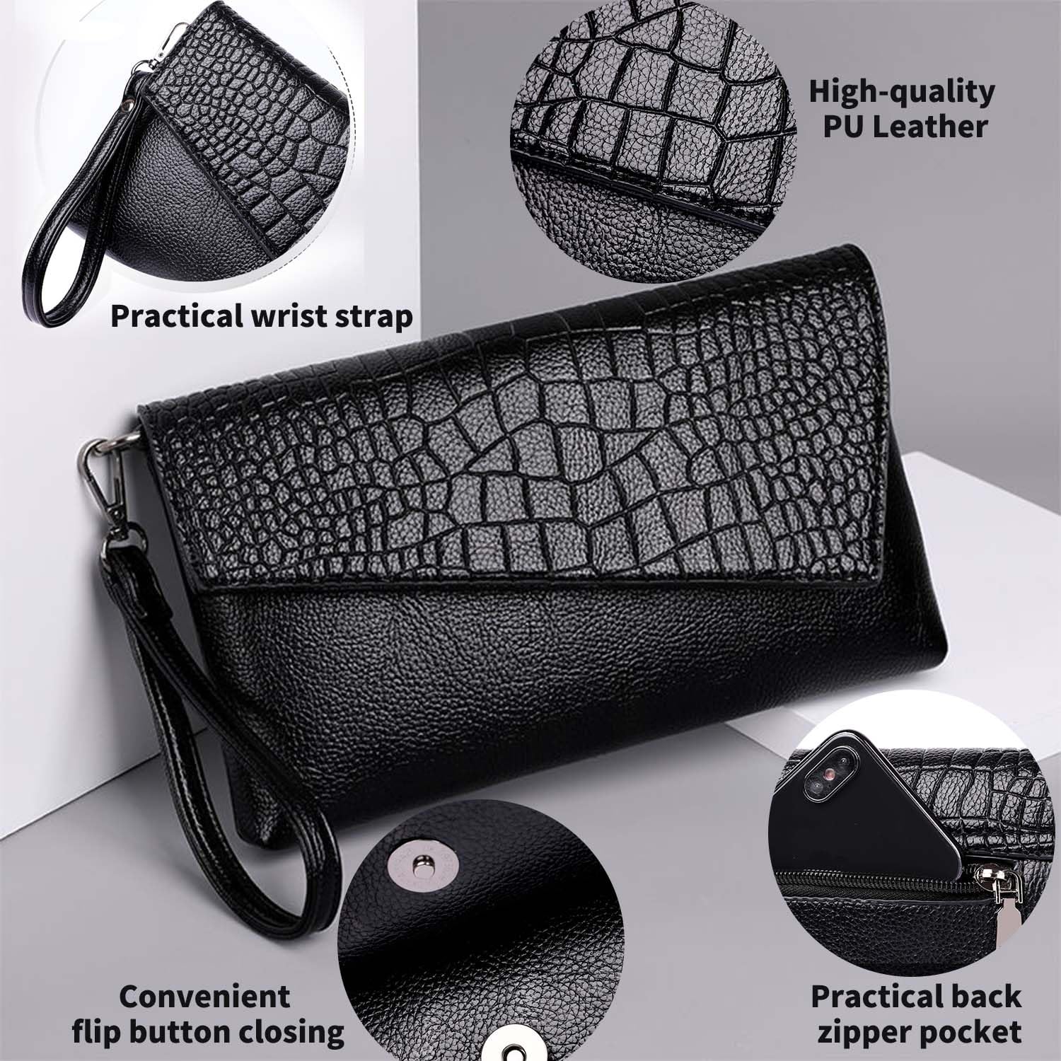 Women's Small PU Leather Clutch Purse - Stylish Wristlet Handbag for Casual Outings, Parties & Evening Events - Envelope Design & Comfortable Wrist Strap