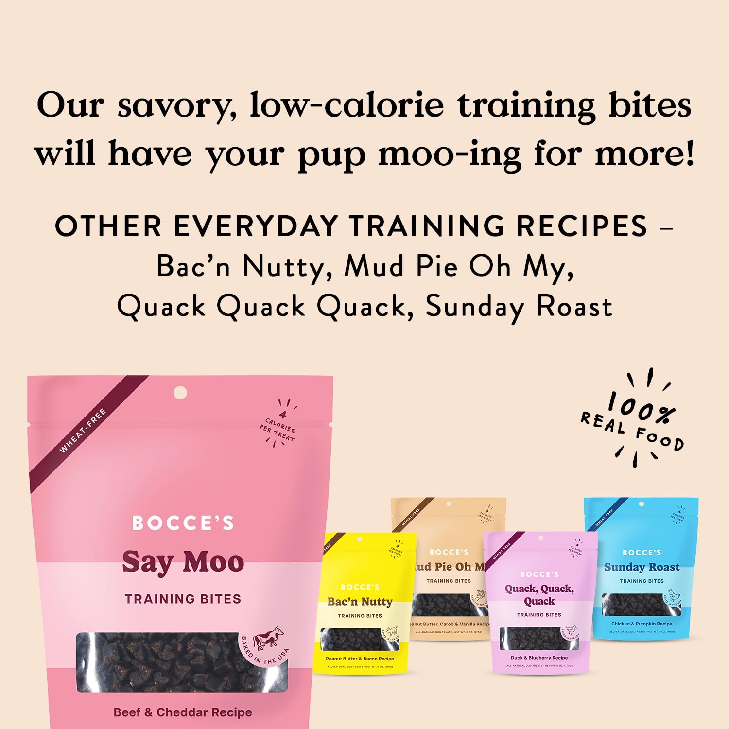 Bocce's Bakery Say Moo Beef & Cheddar Dog Training Treats - Grain-Free, Wheat-Free, Healthy Snacks for Small & Large Dogs - 6 oz Resealable Bag - Perfect for Obedience Training & Reward-Based Learning