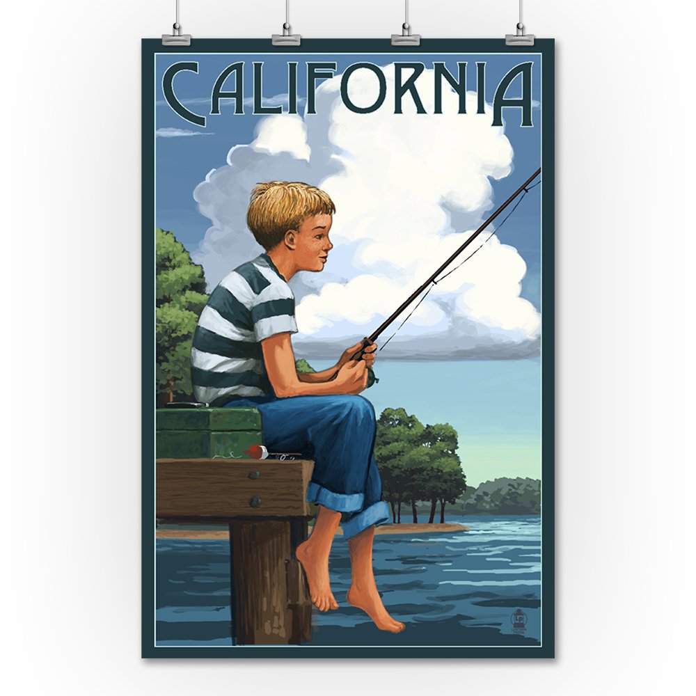 California Boy Fishing Art Print - 36x54 Giclee Gallery Quality Travel Poster for Wall Decor | Perfect for Beach House, Cabin & Coastal Themed Rooms