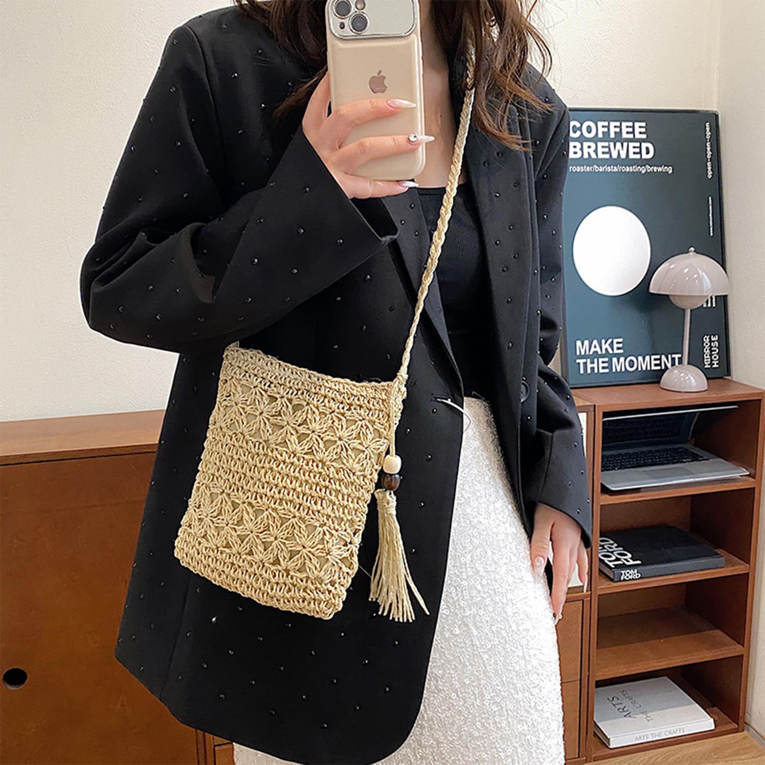 Boho Straw Crossbody Bag for Women - Handmade Woven Beach Purse, Summer Crochet Shoulder Bag - Perfect for Vacations, Festivals & Casual Outings