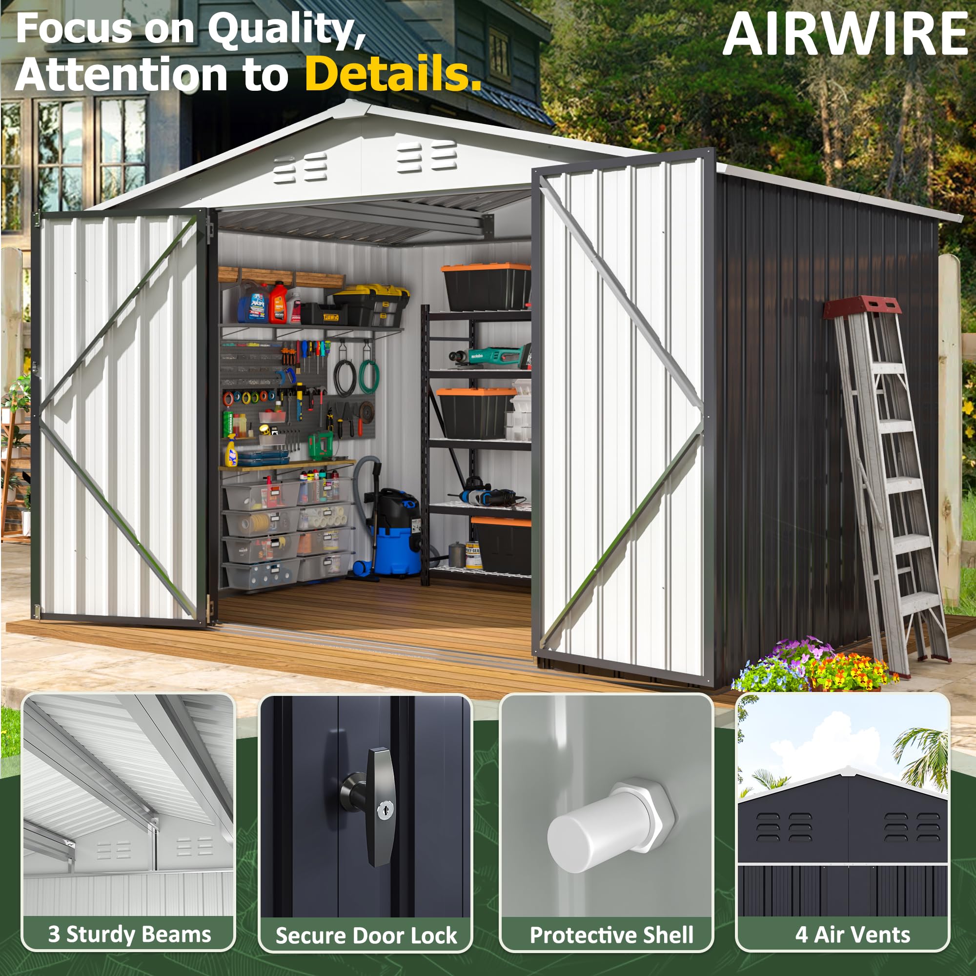 6x8 FT Outdoor Storage Shed - Heavy Duty Metal Garden Shed with Reinforced Frame & Lockable Doors - Weatherproof Tool Shed for Backyard, Patio, Lawn (White) - Perfect for Storing Gardening Tools, Lawn Equipment & Outdoor Furniture