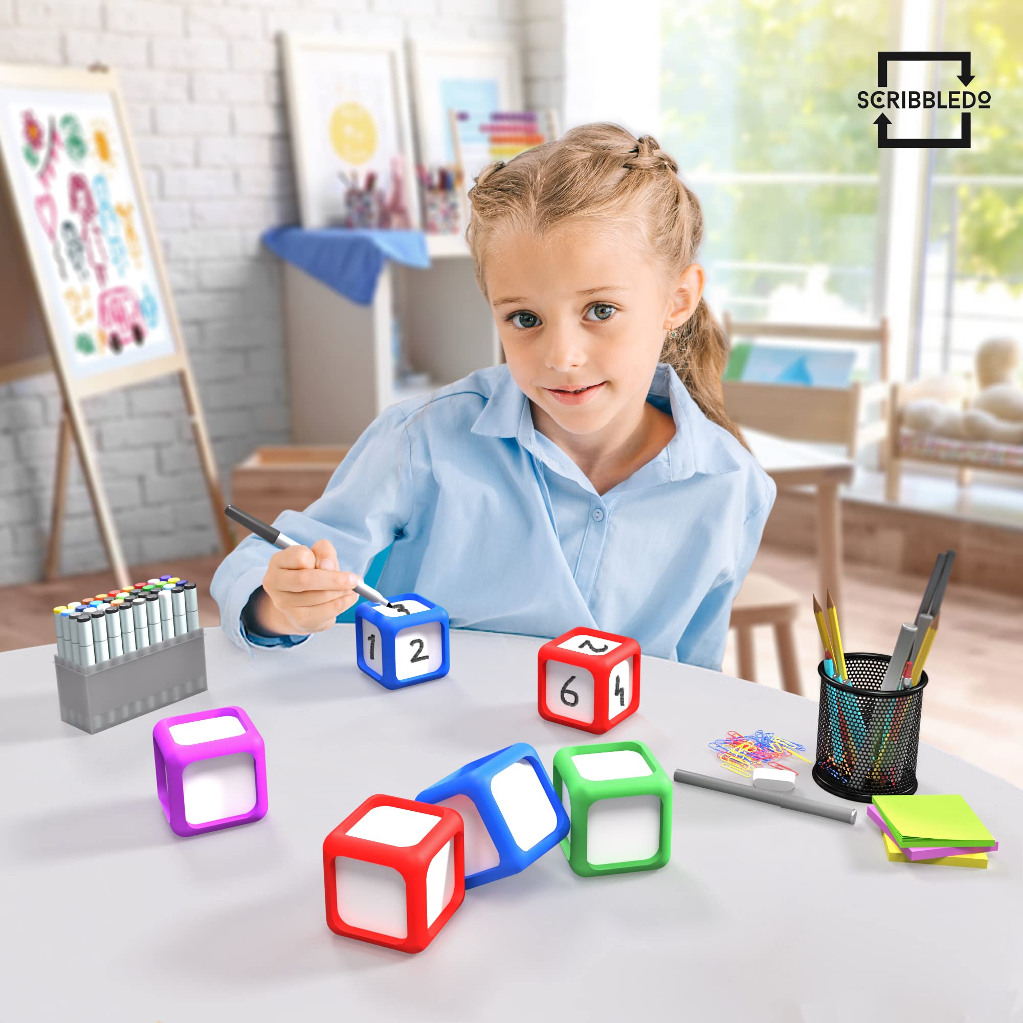 8-Piece Dry Erase Dice Set - 2x2 Inch Colorful Writable Blocks for Classroom Learning, Math Games & Educational Activities - Perfect for Kids' Letter, Number & Drawing Practice - Reusable Whiteboard Dice for Teachers & Students